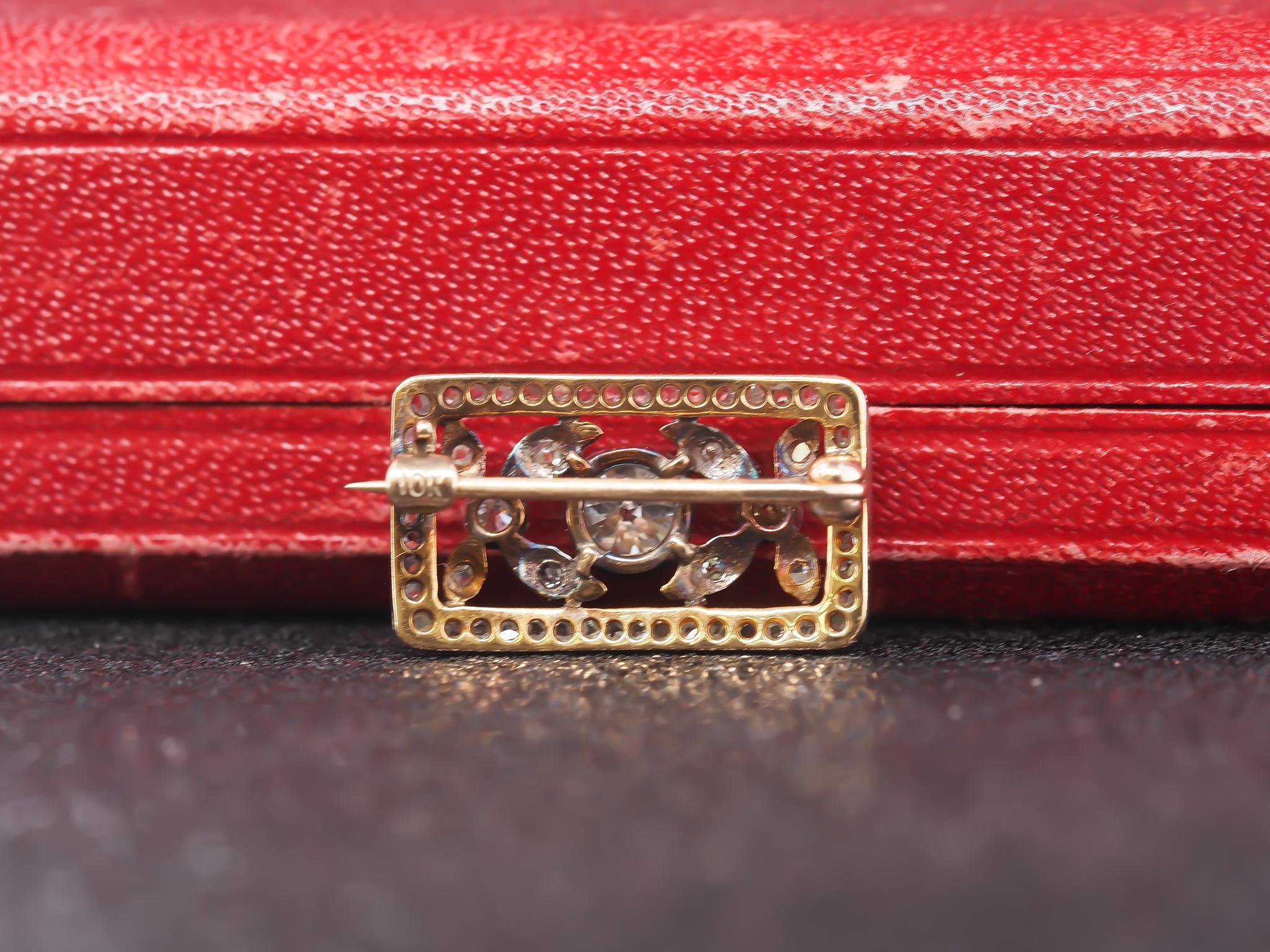 Old Mine Cut Edwardian Platinum and 10K Yellow Gold Brooch For Sale