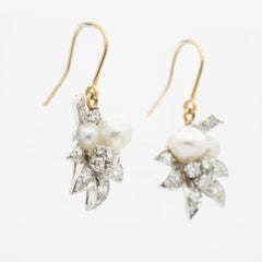 Edwardian Platinum and 1.10ct Diamond & Natural Pearl Leaf Motif Earrings C.1910