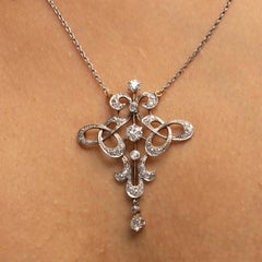 Edwardian Platinum and 14K Yellow Gold Antique Lavalier Necklace W/Original Box
