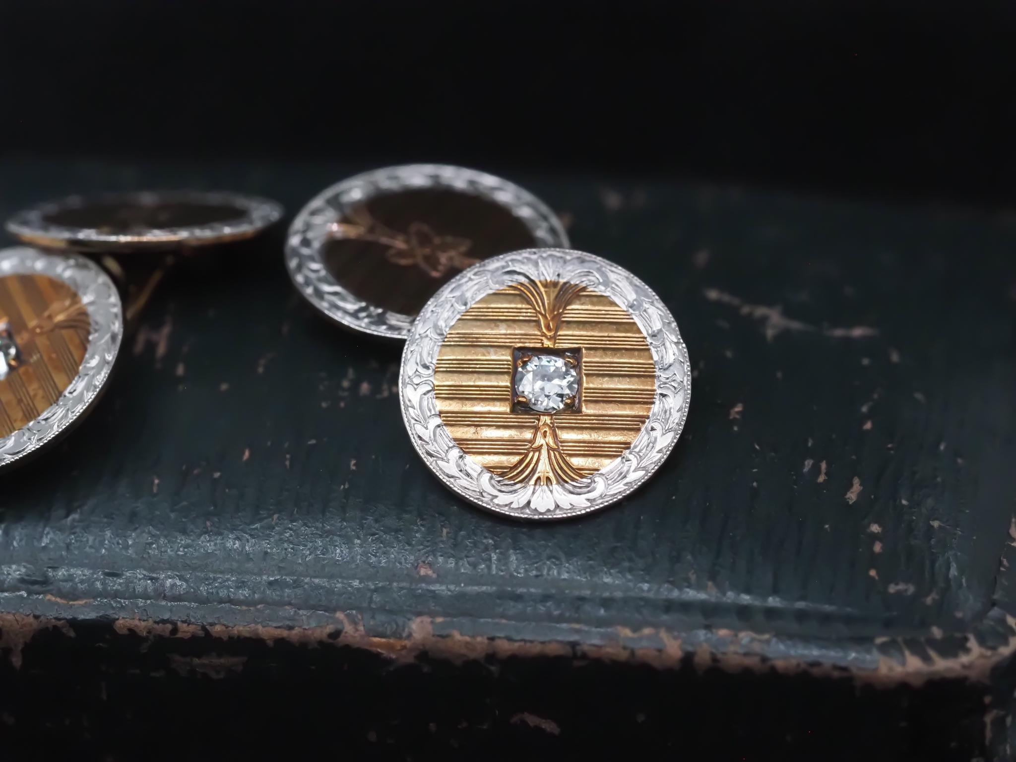 Édouardien Boutons de manchette édouardiens en platine et or jaune 14 carats avec diamants en vente
