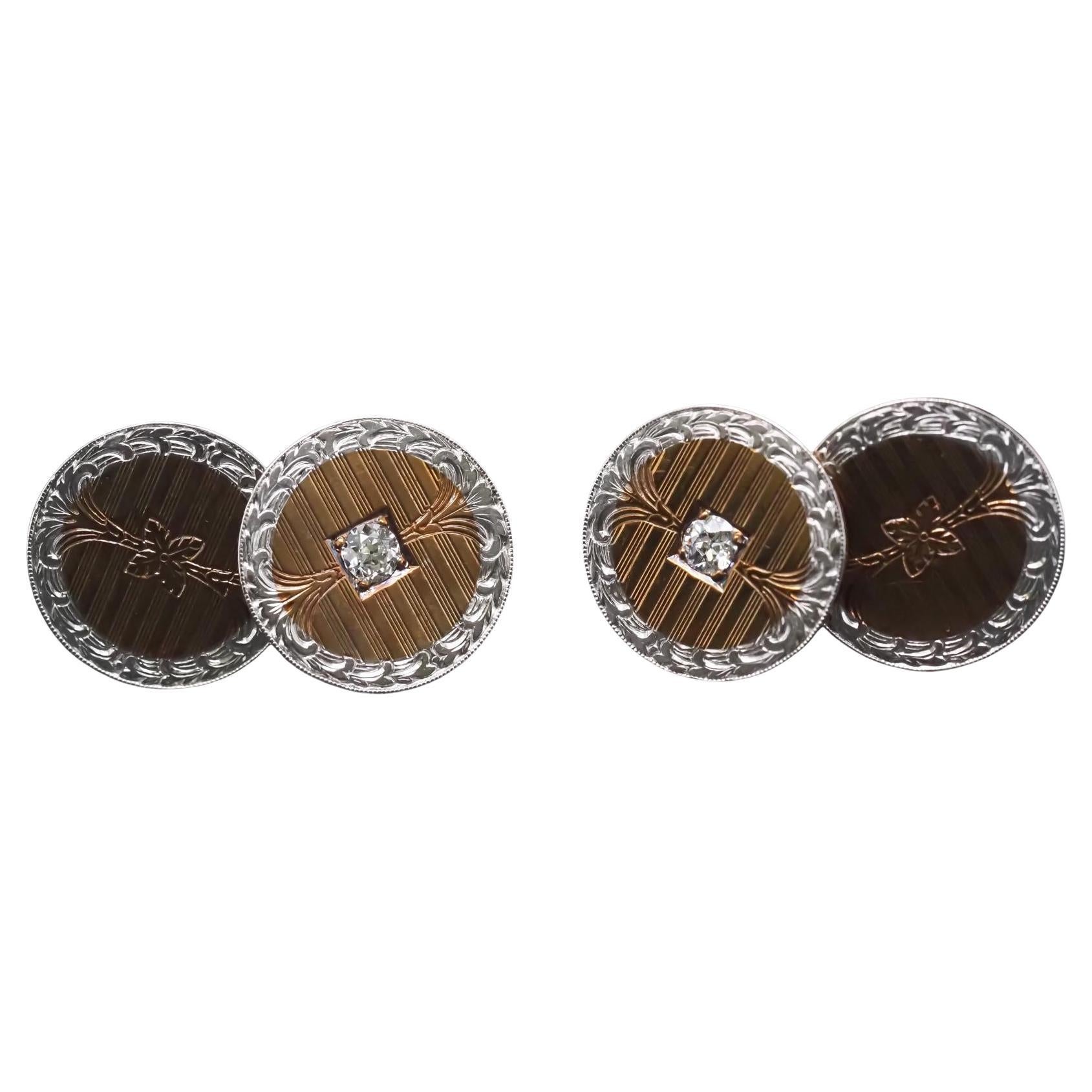 Manschettenknöpfe aus edwardianischem Platin und 14 Karat Gelbgold mit Diamanten