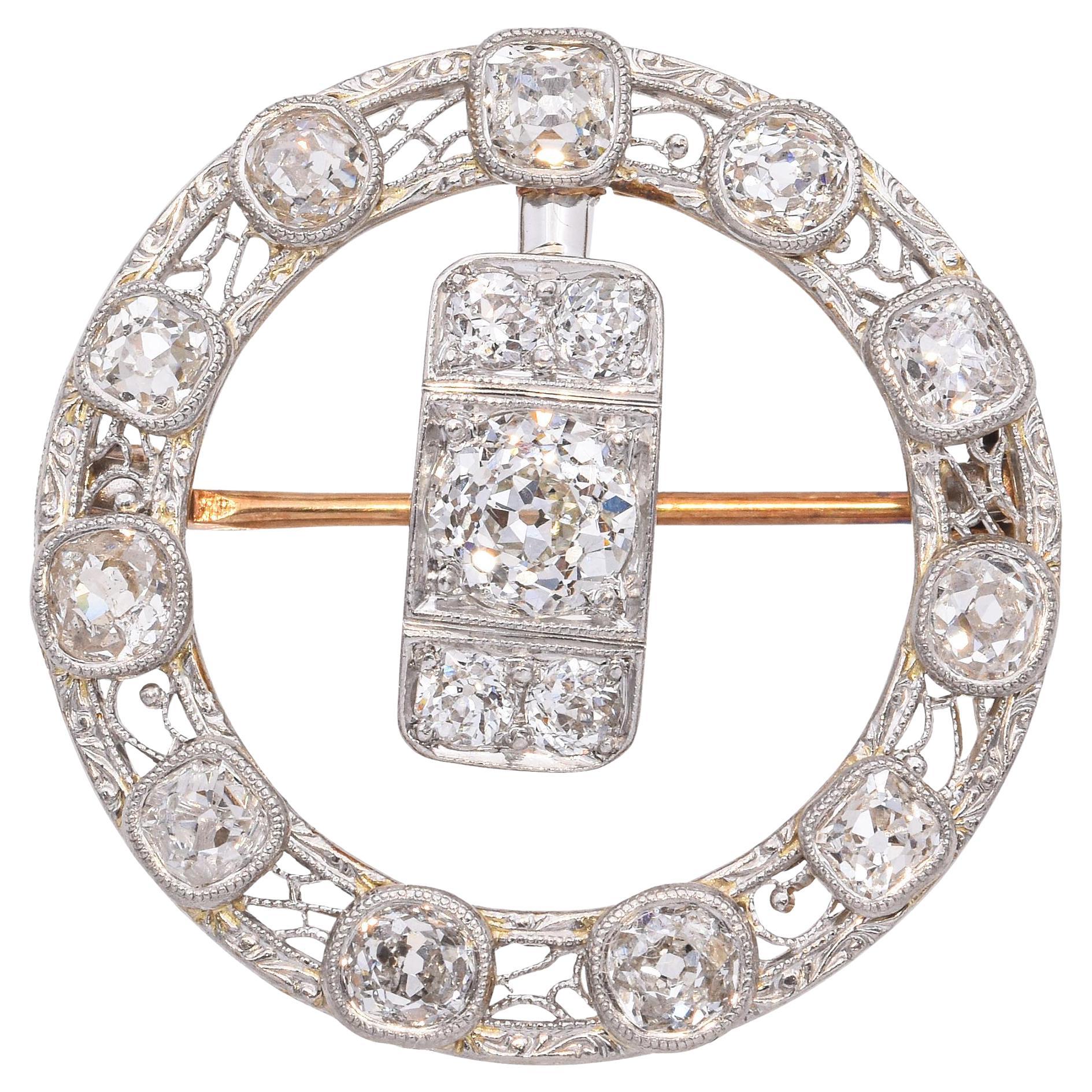 Edwardian Platinum and 14k Yellow Gold Old Mine Cut Circle Brooch