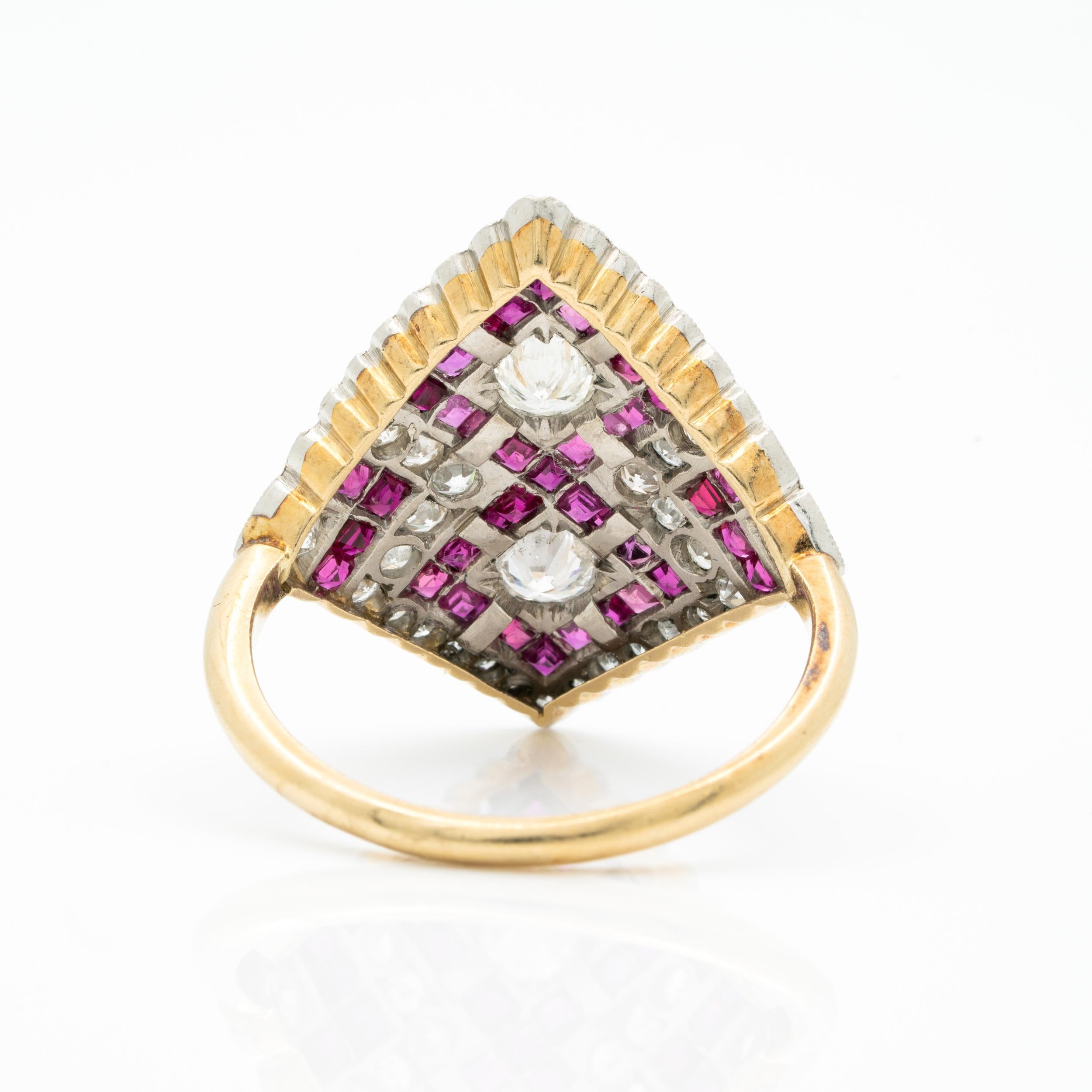 Edwardian Platinum and 18 Karat Yellow Gold Diamond and Ruby Diamond Shaped Ring For Sale 5