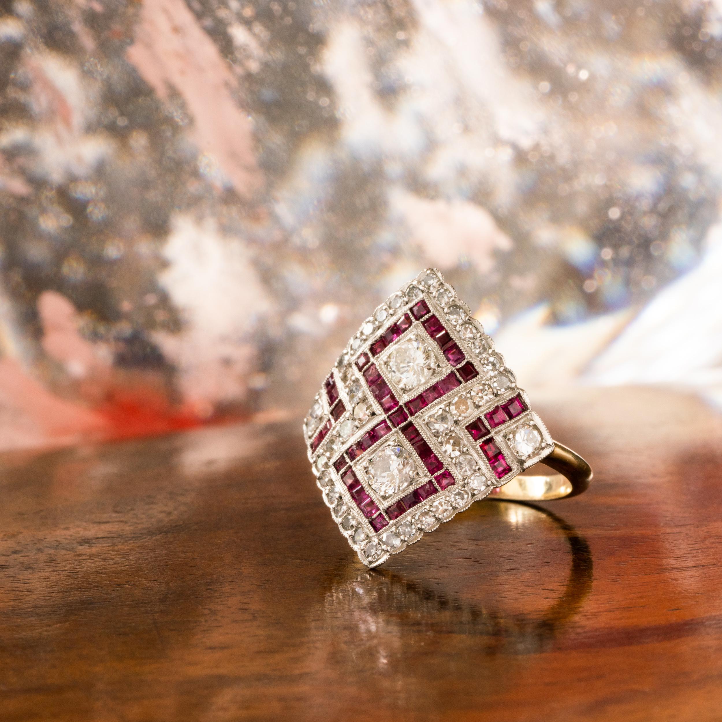 Edwardian Platinum and 18 Karat Yellow Gold Diamond and Ruby Diamond Shaped Ring For Sale 2