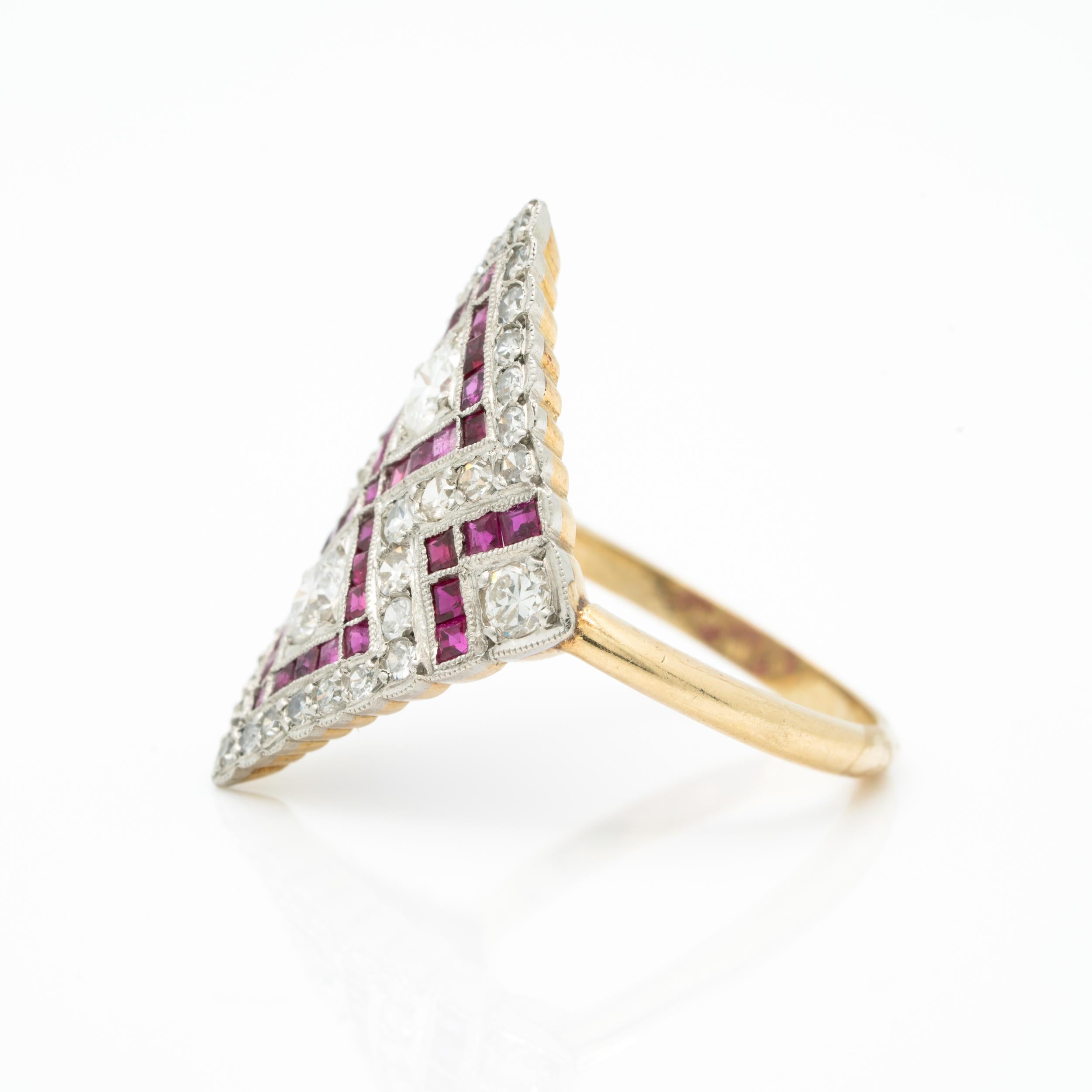 Edwardian Platinum and 18 Karat Yellow Gold Diamond and Ruby Diamond Shaped Ring For Sale 4