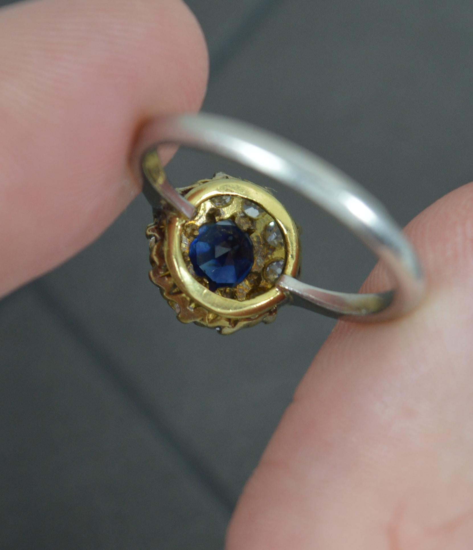 Edwardian Platinum and 18ct Gold Sapphire and Old Cut Diamond Cluster Ring In Excellent Condition In St Helens, GB