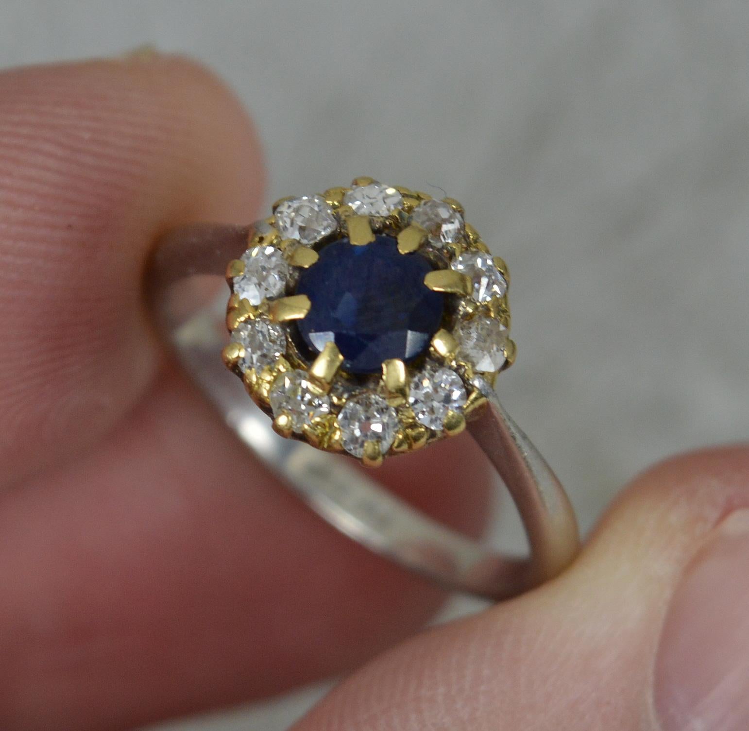 Women's Edwardian Platinum and 18ct Gold Sapphire and Old Cut Diamond Cluster Ring