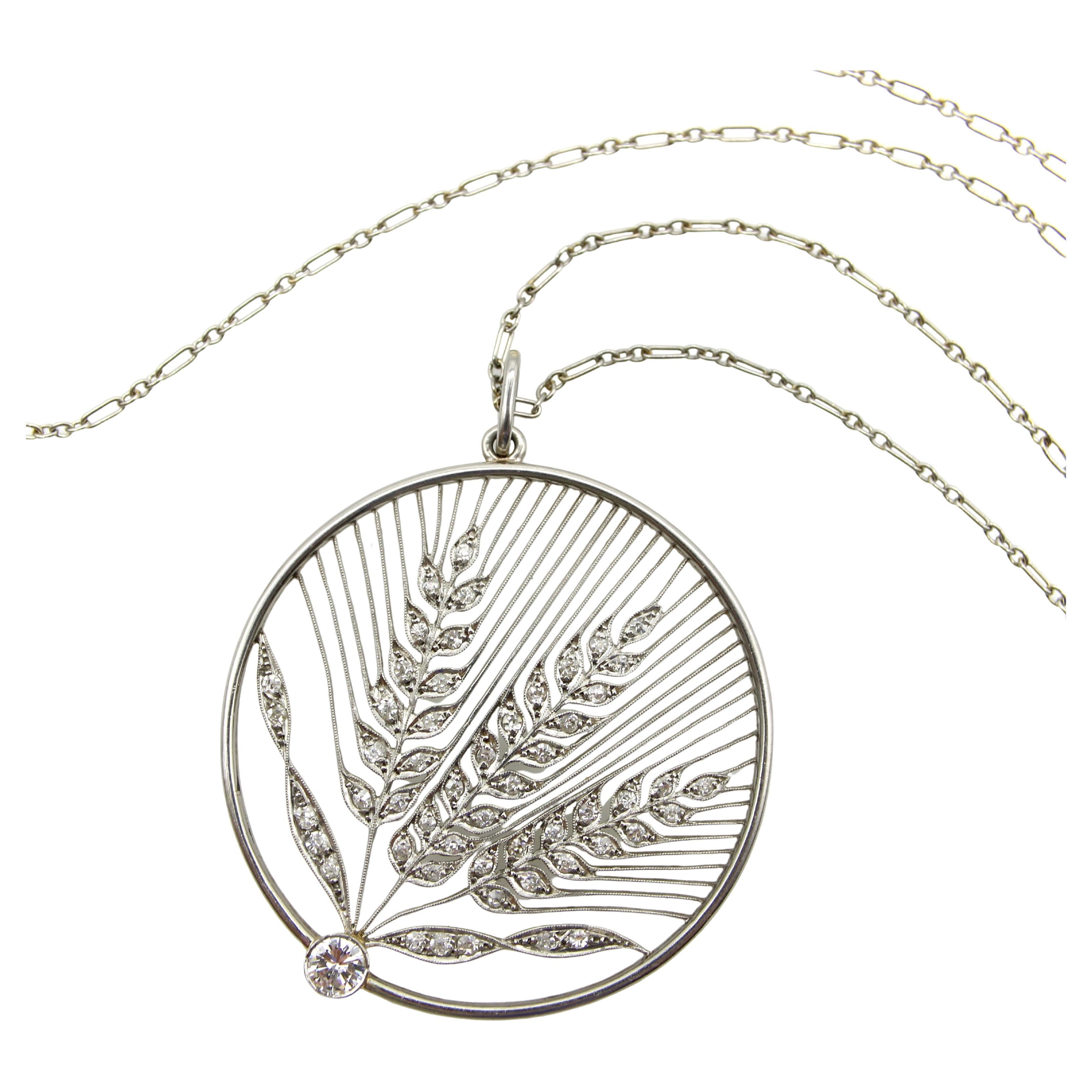 Edwardian Platinum and 18K Gold Diamond Open Work Wheat Pendant Necklace