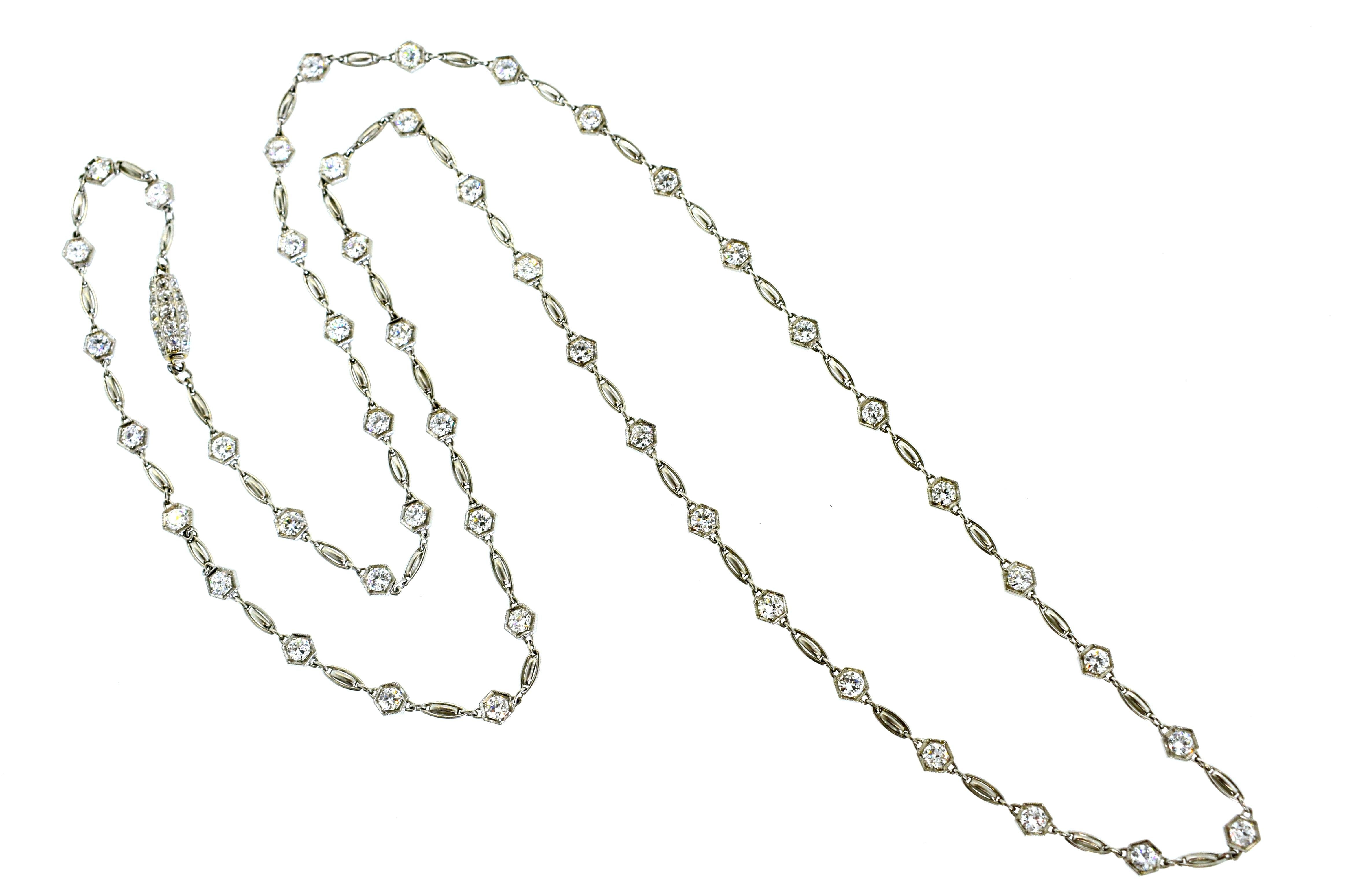 Platinum ornate chain possessing 78 European Cut Diamonds weighing 6.5 cts.  The old cut diamonds are all well matched, white (H/I color), and very slightly included.  This hand made chain is authentically old, possesses fine workmanship and is