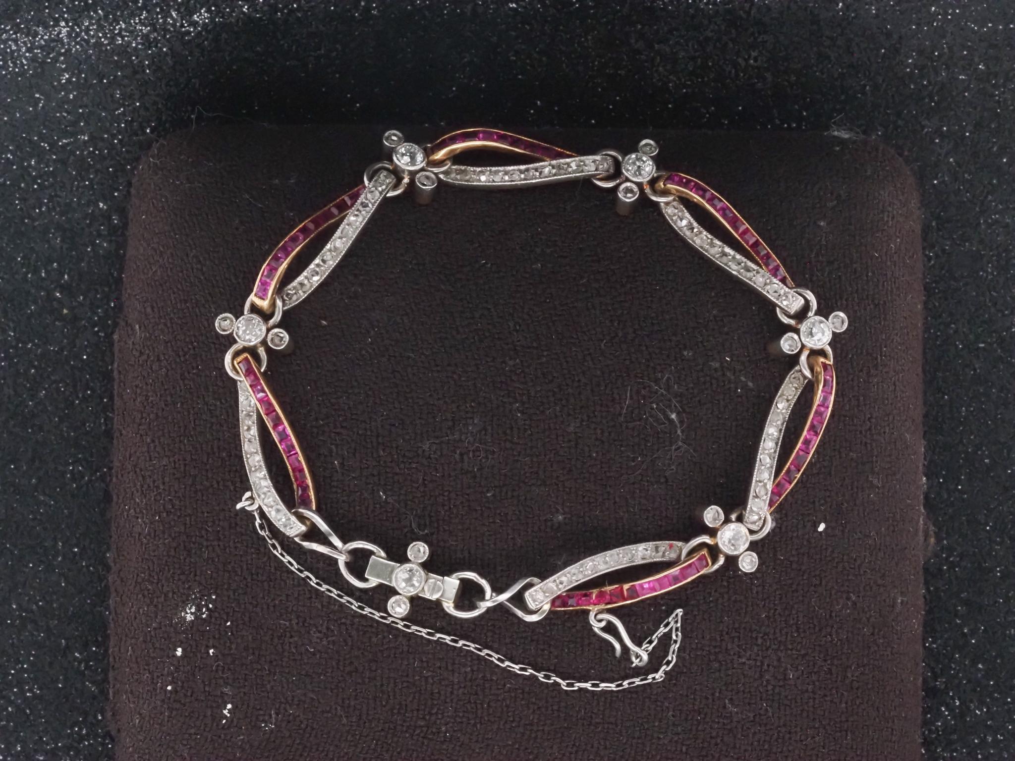 Square Cut Edwardian Platinum and Gold Bracelet with Rose Cut Diamonds and Ruby - VHK#1006 For Sale