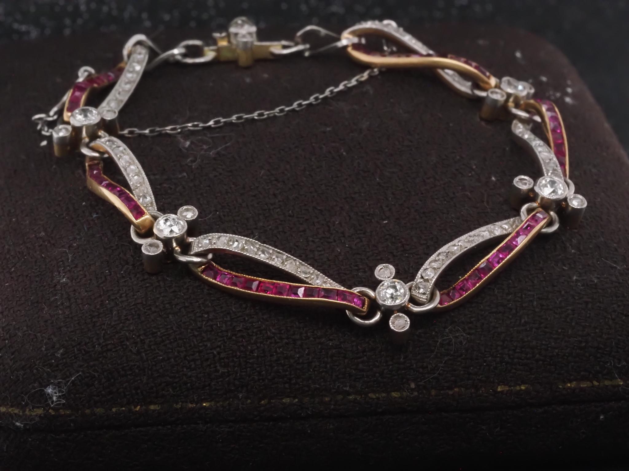 Edwardian Platinum and Gold Bracelet with Rose Cut Diamonds and Ruby - VHK#1006 In Good Condition For Sale In Hicksville, NY