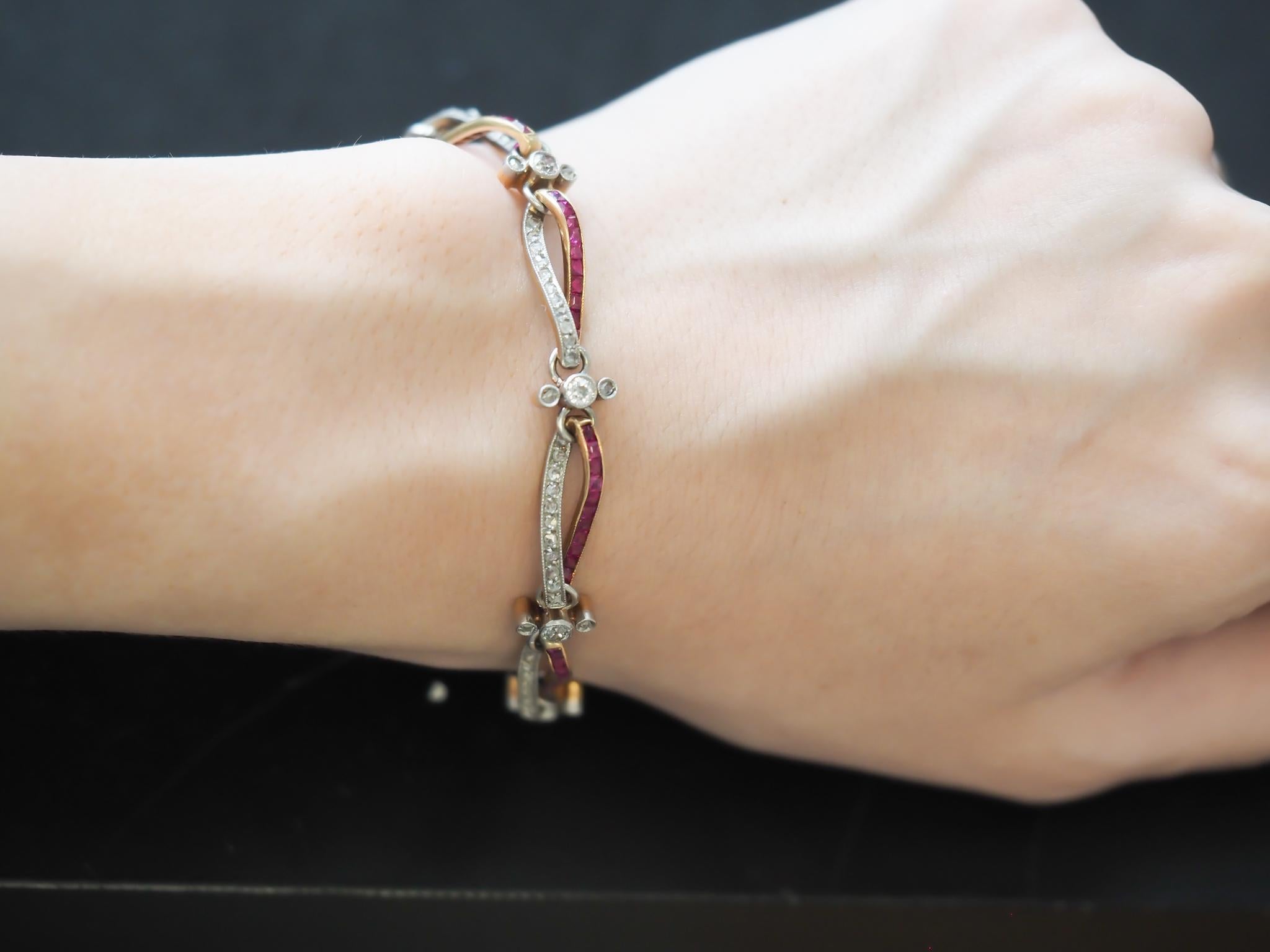 Edwardian Platinum and Gold Bracelet with Rose Cut Diamonds and Ruby - VHK#1006 For Sale 2