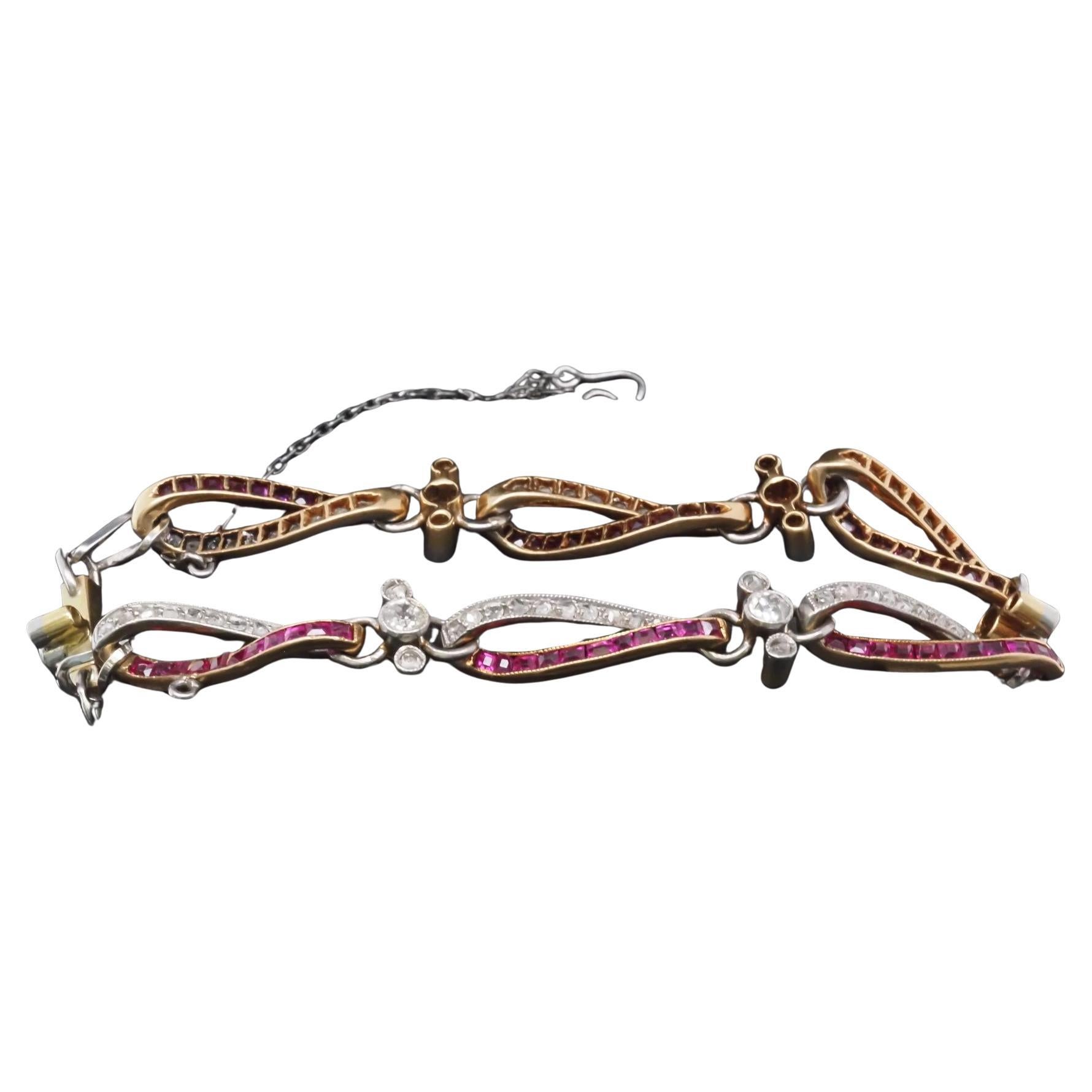 Edwardian Platinum and Gold Bracelet with Rose Cut Diamonds and Ruby - VHK#1006 For Sale
