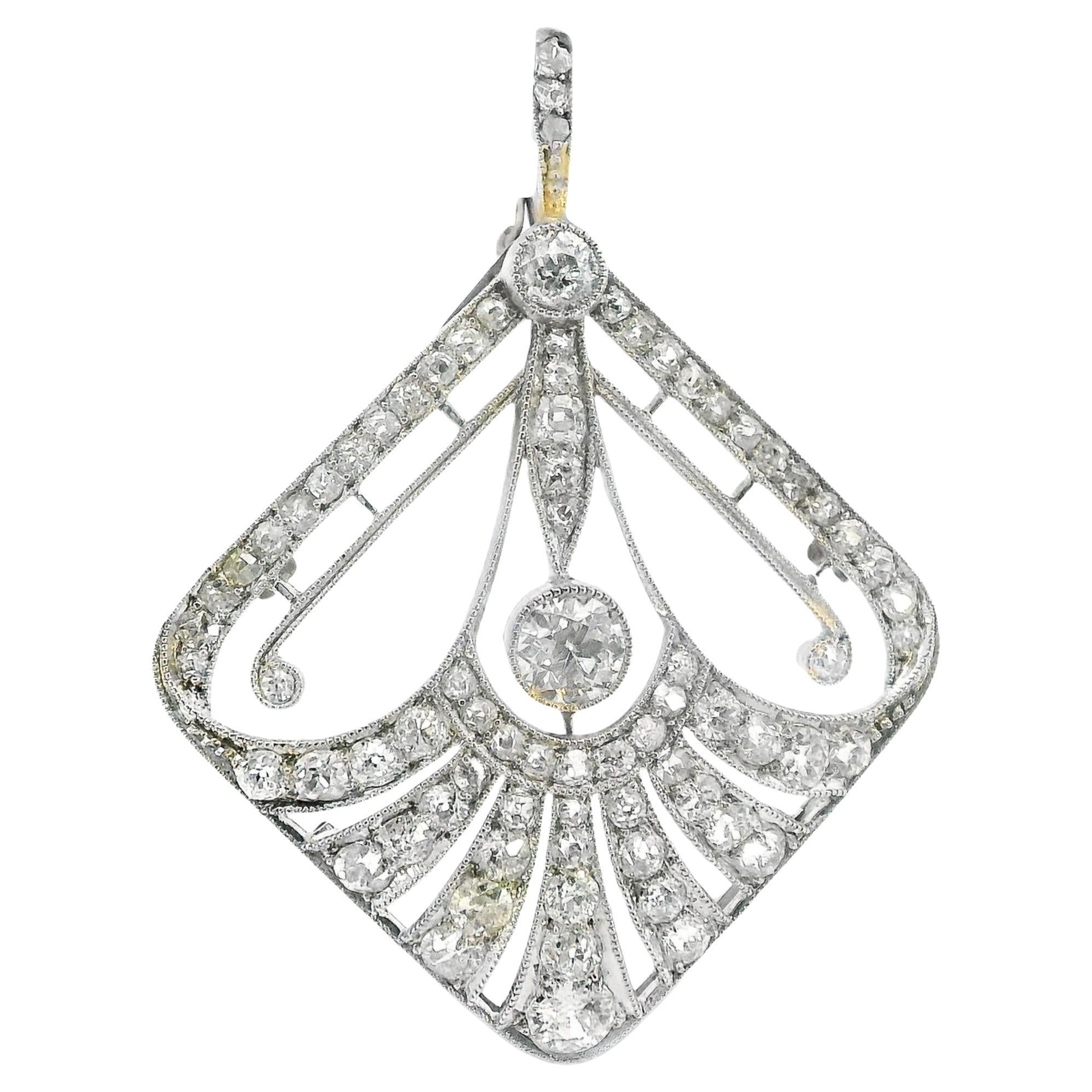 Edwardian Ca 1910 Platinum Diamond Pendant 1.5 Carat Total Weight