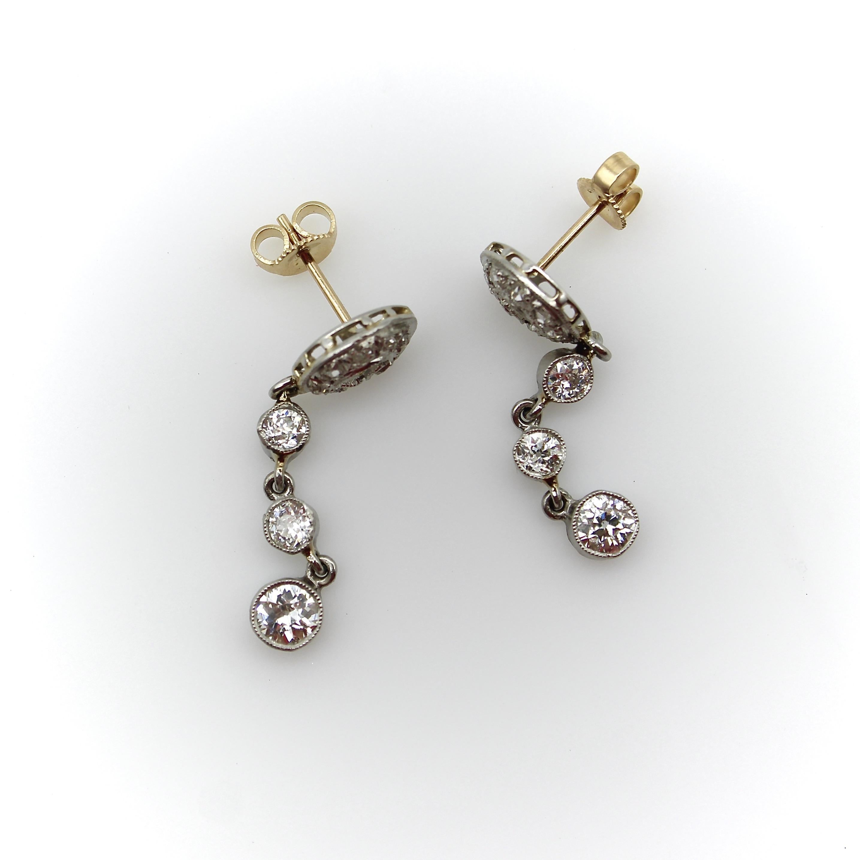 Boucles d'oreilles pendantes édouardiennes en platine et diamant de taille européenne ancienne en vente 1