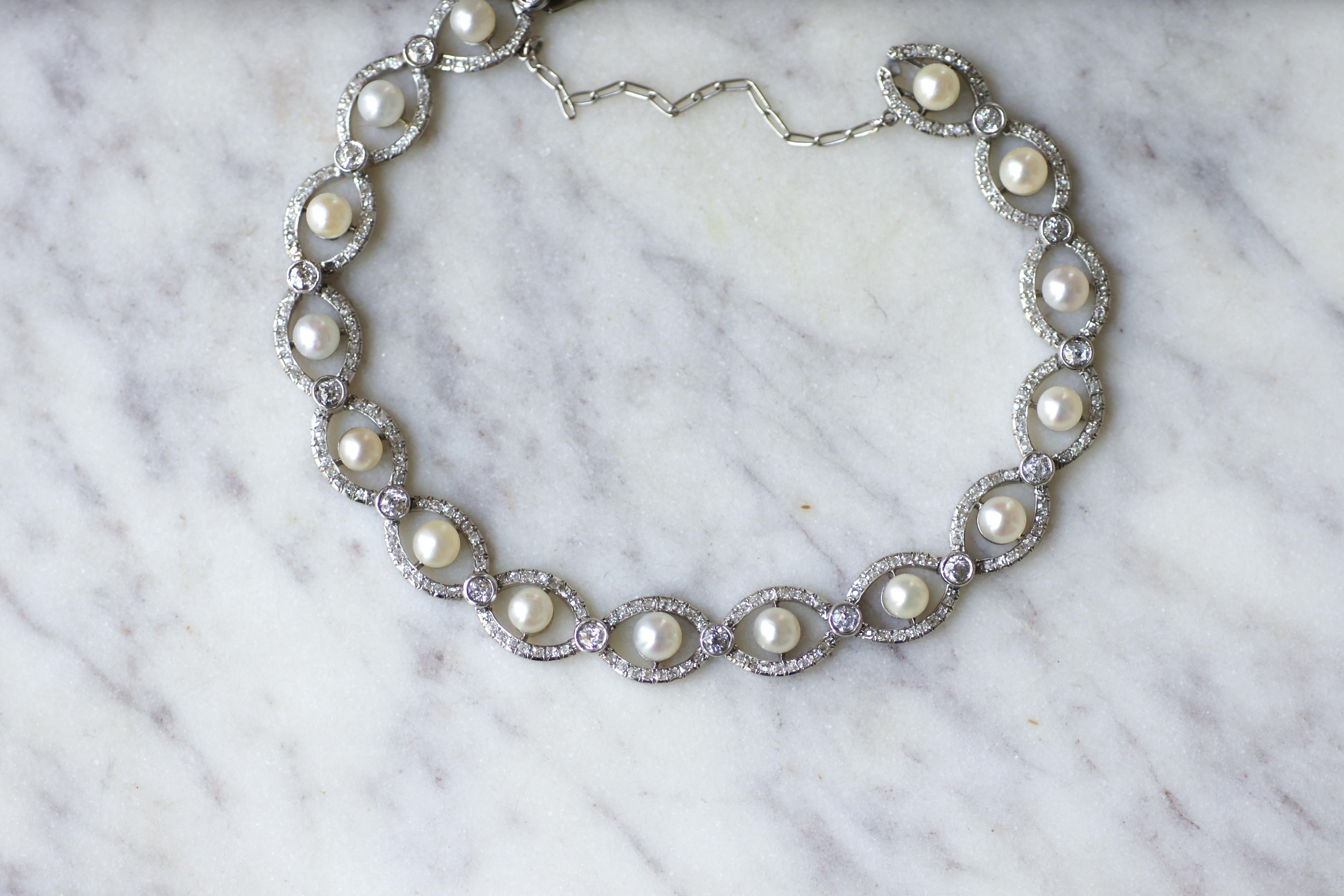 Women's or Men's Edwardian Platinum Bracelet with Certified Natural Pearls and Diamonds