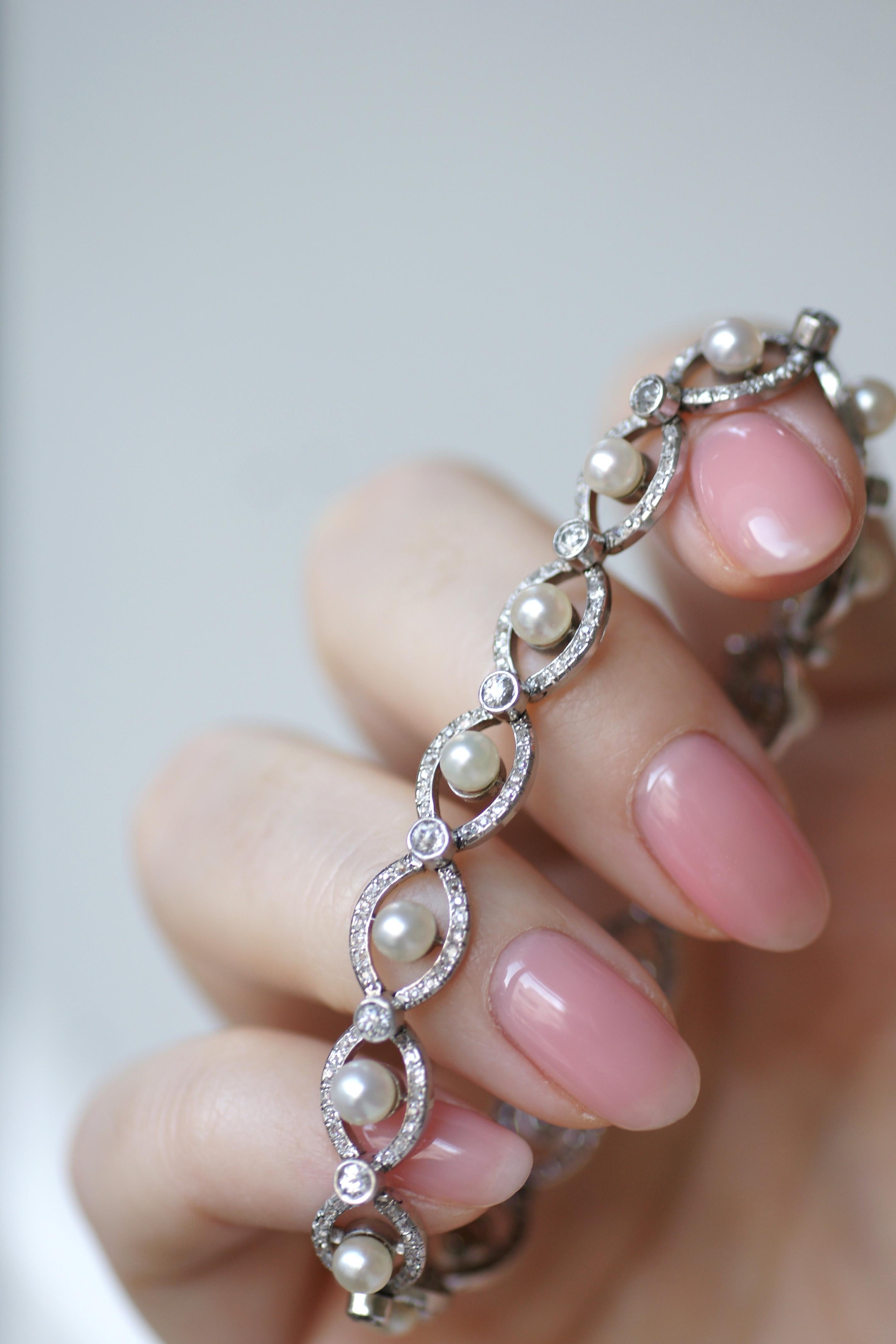 Edwardian Platinum Bracelet with Certified Natural Pearls and Diamonds 1