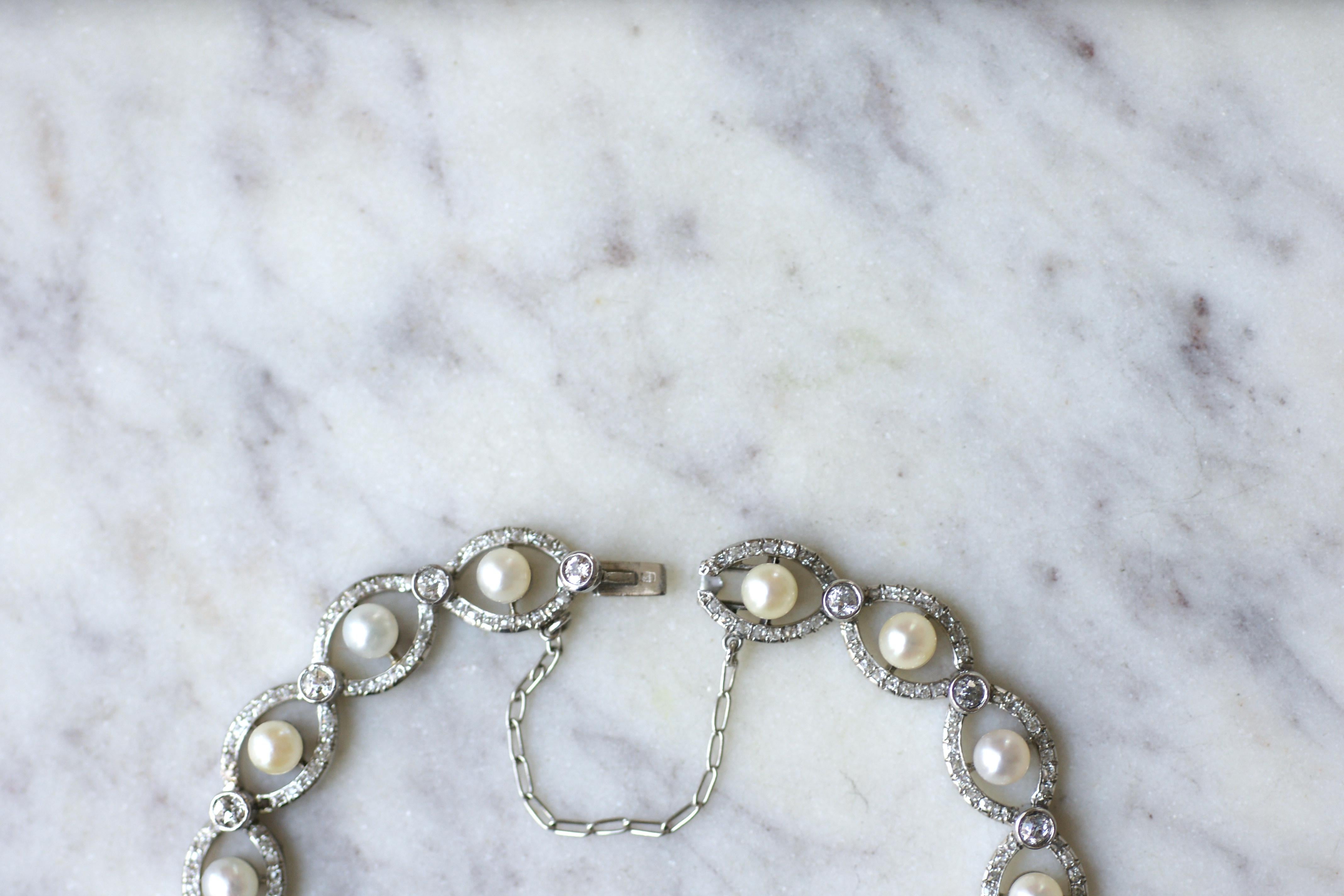 Edwardian Platinum Bracelet with Certified Natural Pearls and Diamonds 2