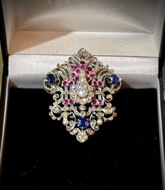 EDWARDIAN PLATINUM BROOCH Diamonds, Sapphires, Rubies & Pearls