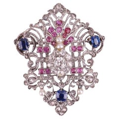 EDWARDIAN PLATINUM BROOCH Diamonds, Sapphires, Rubies
Pearls