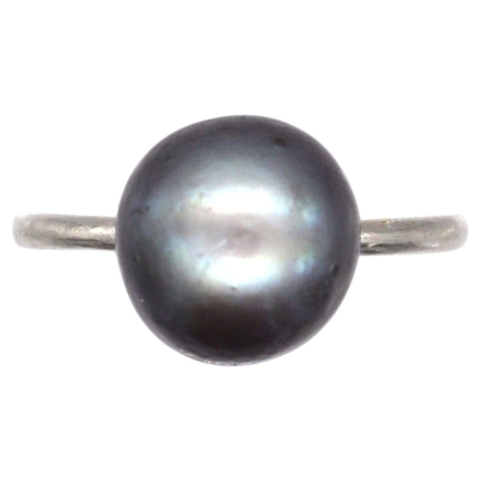 Edwardian Platinum, Certified Natural Black Saltwater Pearl Solitaire Ring
