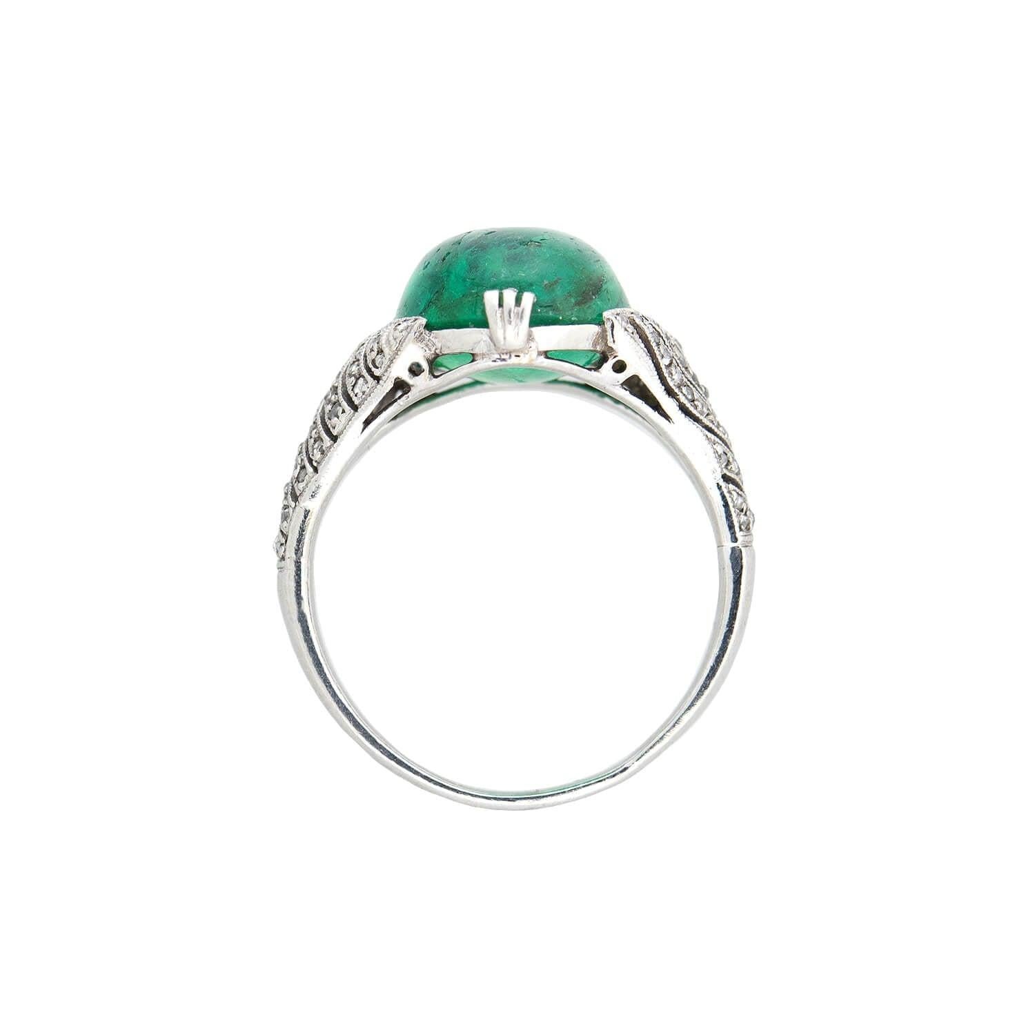 Art Deco Edwardian Platinum Columbian Emerald Cabochon + Diamond Ring 4.5ctw Center