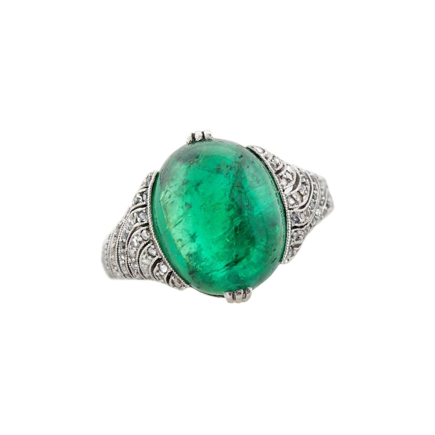 Edwardian Platinum Columbian Emerald Cabochon + Diamond Ring 4.5ctw Center In Good Condition In Narberth, PA