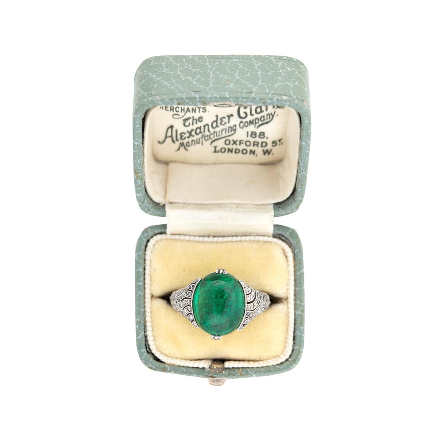 Edwardian Platinum Columbian Emerald Cabochon + Diamond Ring 4.5ctw Center 1