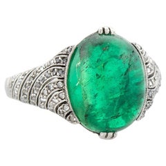 Edwardian Platinum Columbian Emerald Cabochon + Diamond Ring 4.5ctw Center