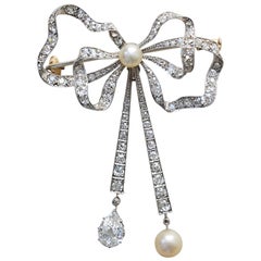 Edwardian Platinum, Diamond and Pearl Bow Brooch