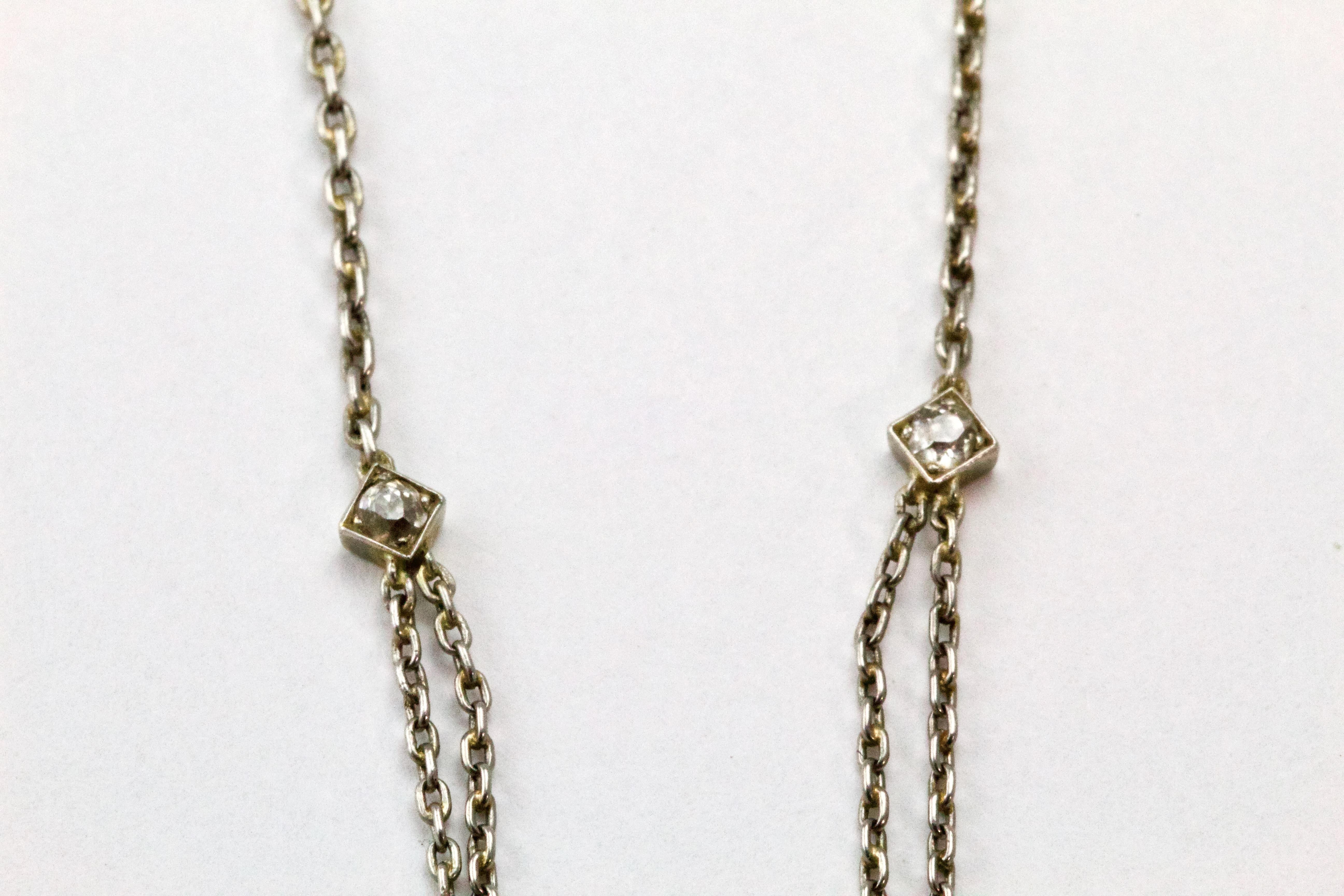 Round Cut Edwardian Platinum Diamond and Pearl Double Strand Necklace For Sale
