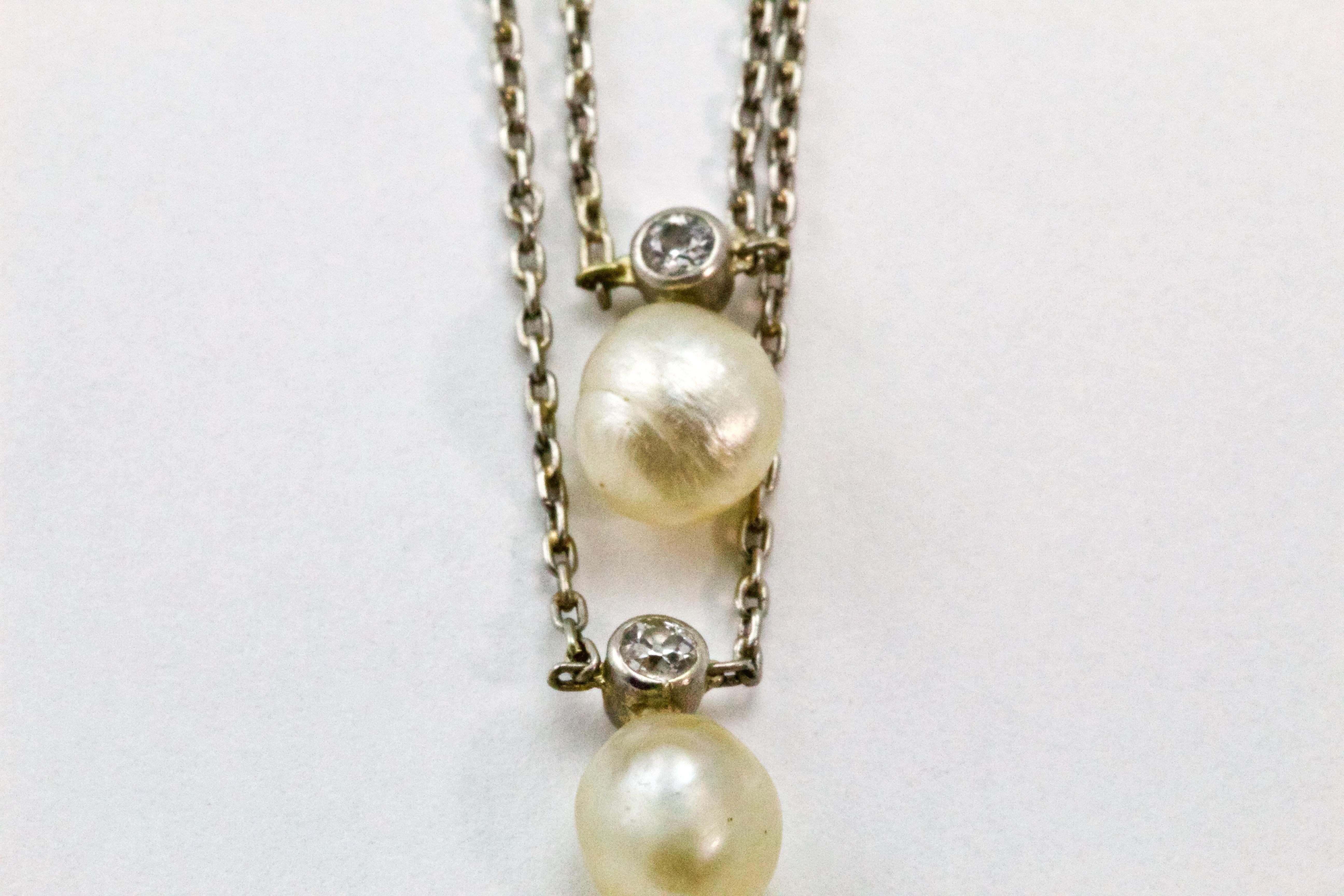 Edwardian Platinum Diamond and Pearl Double Strand Necklace In Excellent Condition For Sale In Chipping Campden, GB