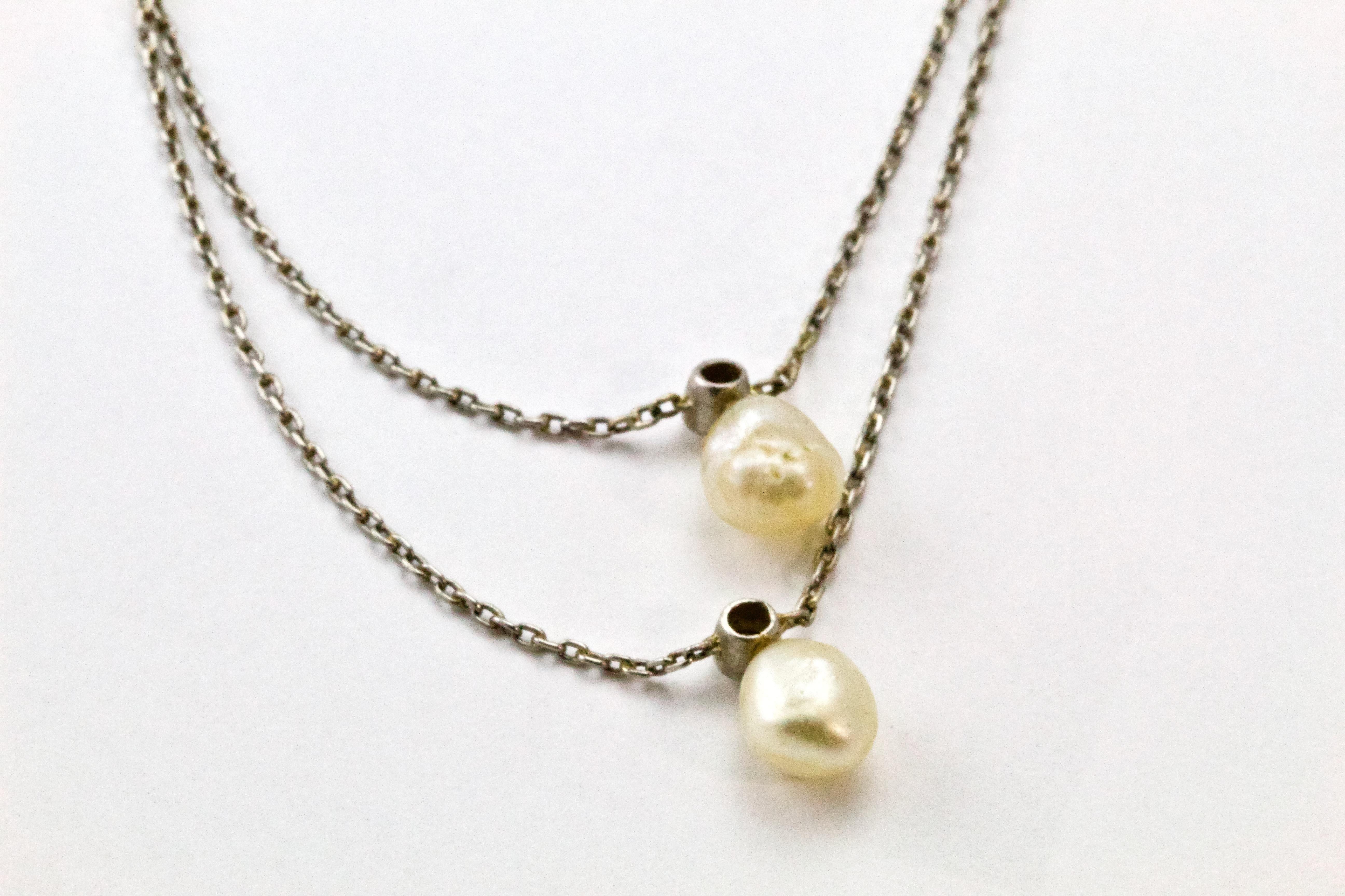 Women's Edwardian Platinum Diamond and Pearl Double Strand Necklace For Sale