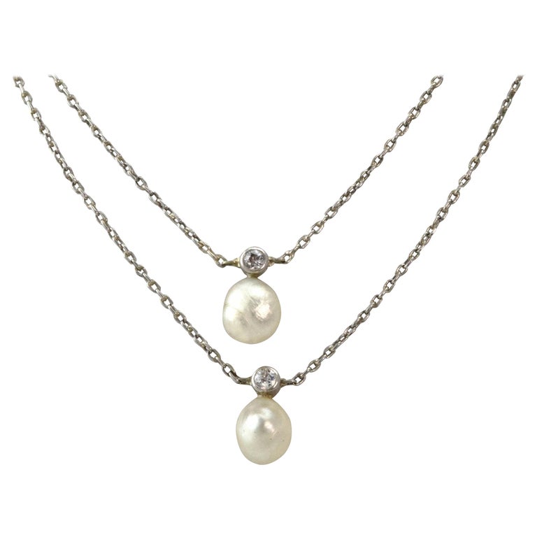 Edwardian Platinum Diamond and Pearl Double Strand Necklace For Sale at ...