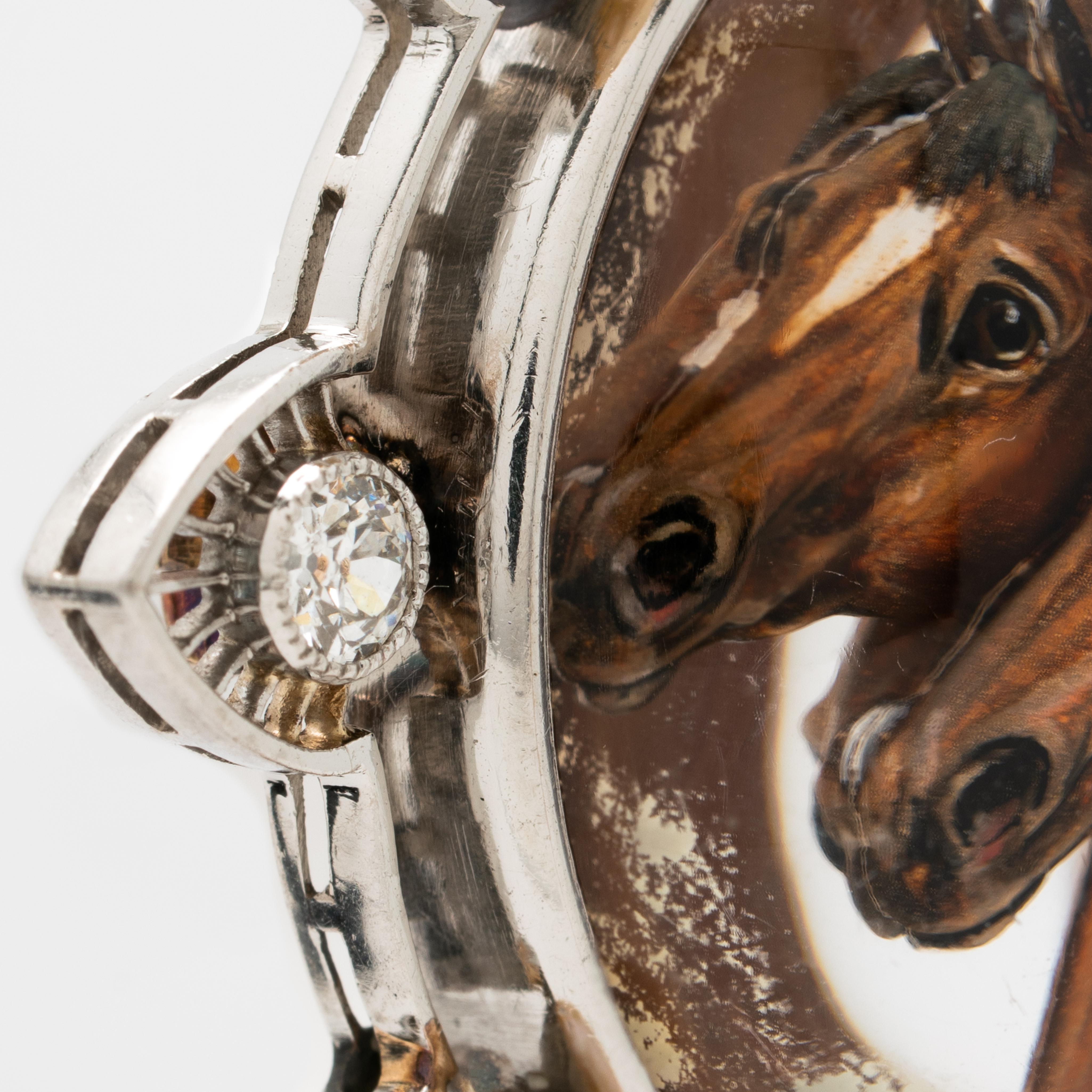 Old European Cut Edwardian Platinum Diamond and Pearl Reverse Carved Rock Crystal Equestrian Pin For Sale