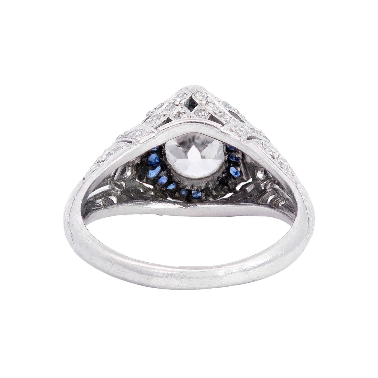 Old Mine Cut Edwardian Platinum Diamond and Sapphire Engagement Ring 1.39ct For Sale