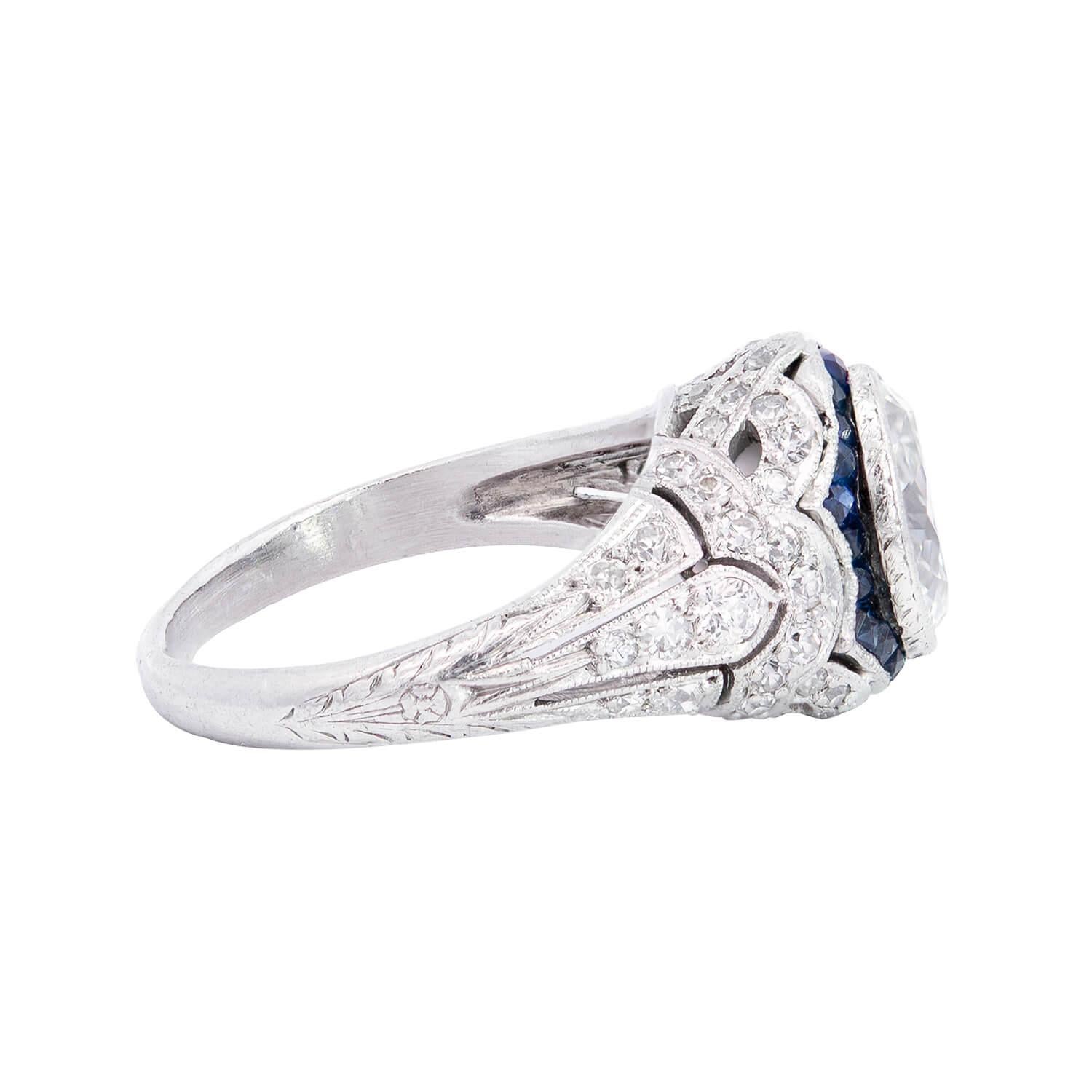 Women's or Men's Edwardian Platinum Diamond and Sapphire Engagement Ring 1.39ct For Sale
