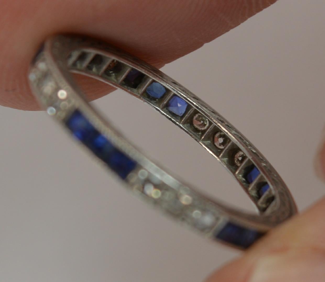 Edwardian Platinum Diamond and Sapphire Full Eternity Band or Stack Ring 7