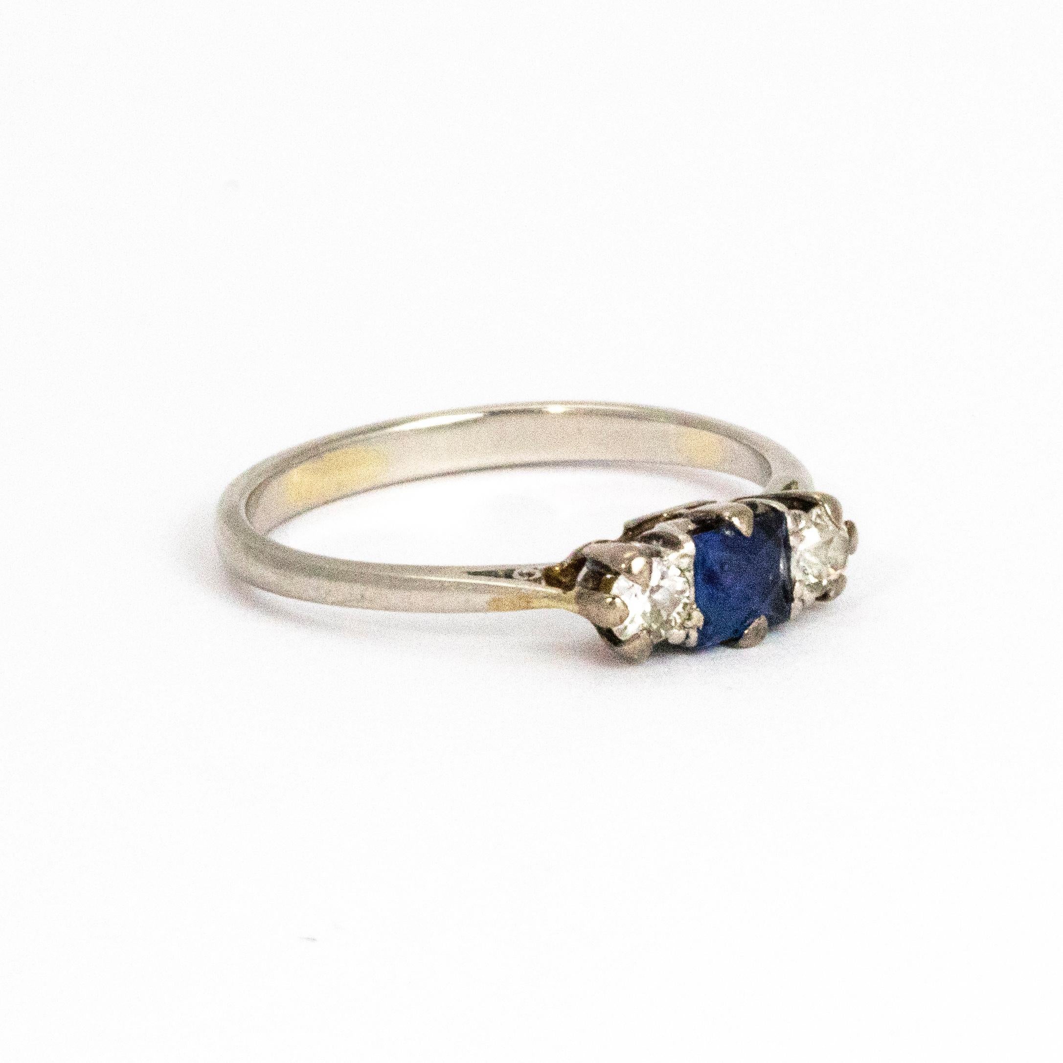 Edwardian Platinum Diamond and Sapphire Three-Stone Ring 1