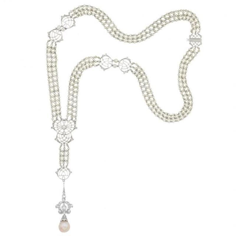 Women's Edwardian Platinum, Diamond and Seed Pearl Sautoir Necklace