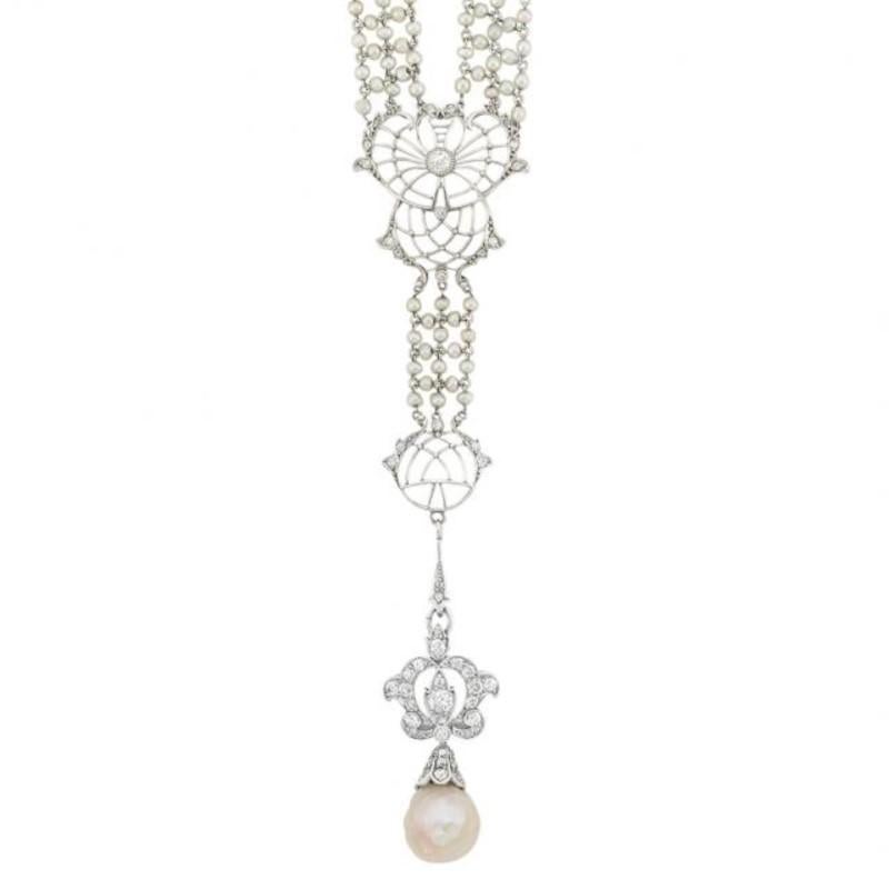 Edwardian Platinum, Diamond and Seed Pearl Sautoir Necklace 1