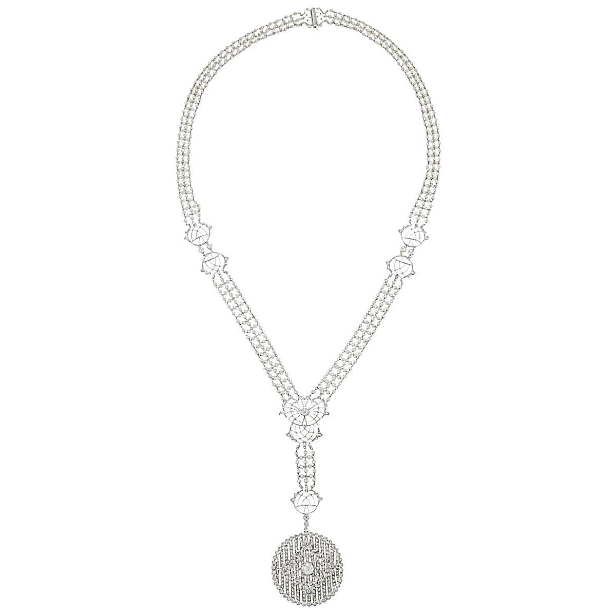 Edwardian Platinum, Diamond and Seed Pearl Sautoir Necklace