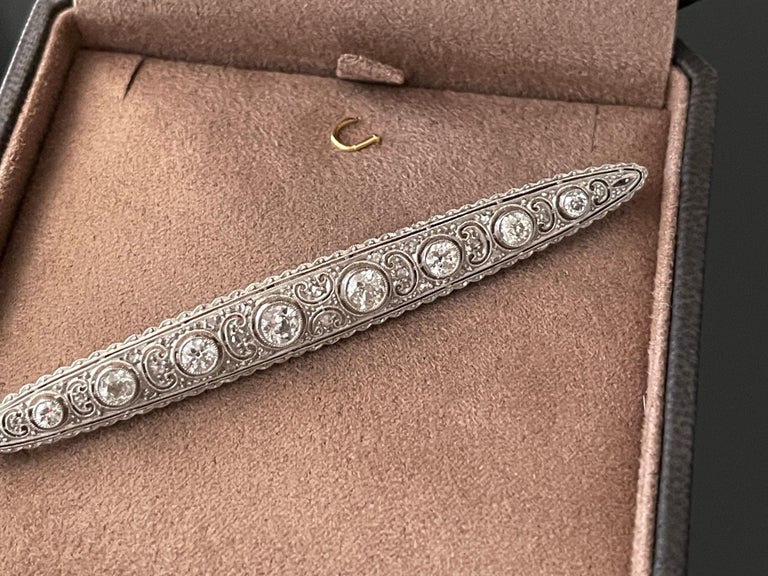 Old European Cut Edwardian Platinum Diamond Bar Brooch Pin For Sale