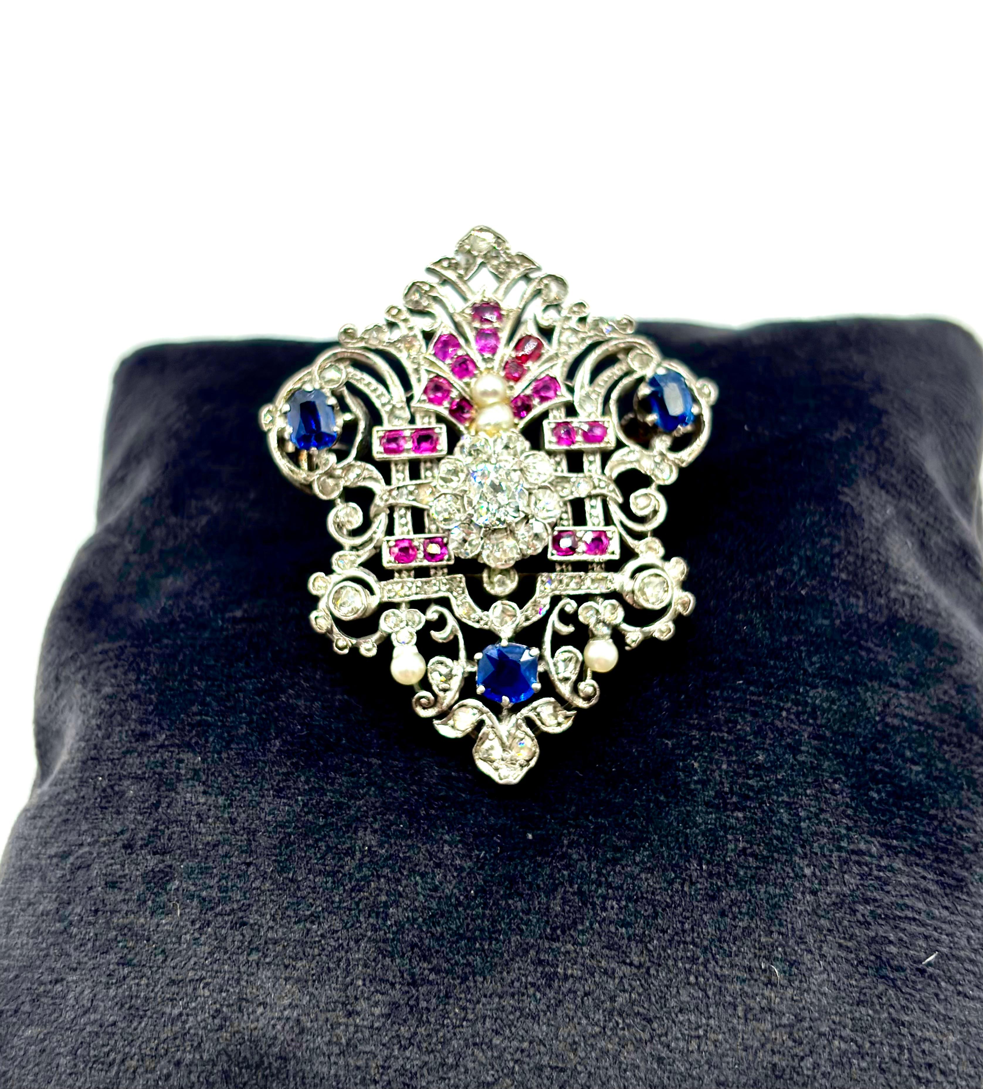 Edwardian Platinum Diamond Brooch, Circa 1900, Rubies, Sapphires, Pearls