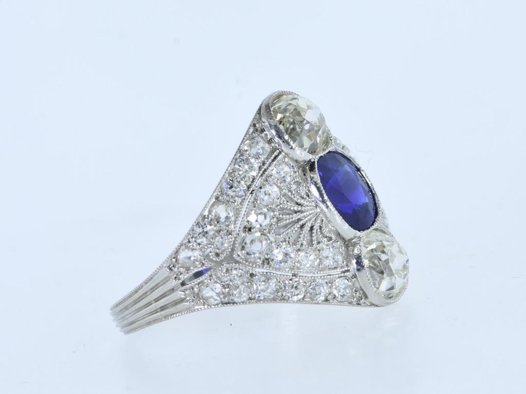 Old European Cut Edwardian Platinum Diamond & Certified, AGL, Unheated Sapphire Ring Marcus & Co. For Sale