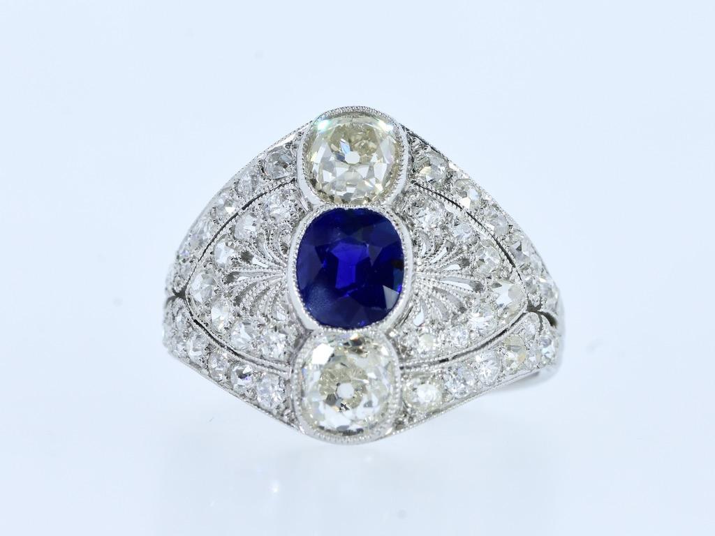 Edwardian Platinum Diamond & Certified, AGL, Unheated Sapphire Ring Marcus & Co. For Sale 1