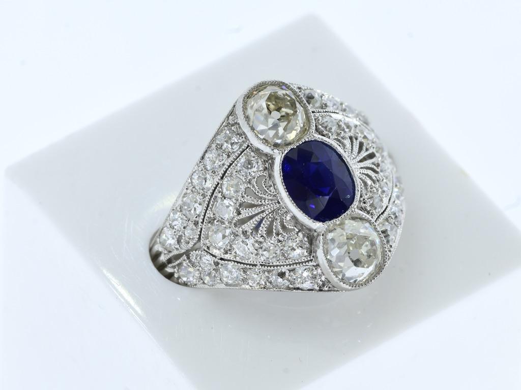Edwardian Platinum Diamond & Certified, AGL, Unheated Sapphire Ring Marcus & Co. For Sale 2