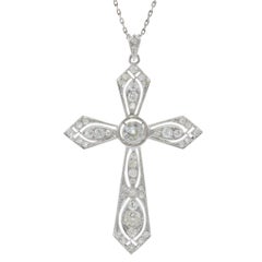 Edwardian Platinum Diamond Cross Pendant Necklace 3.70CT-TW Old European Cuts
