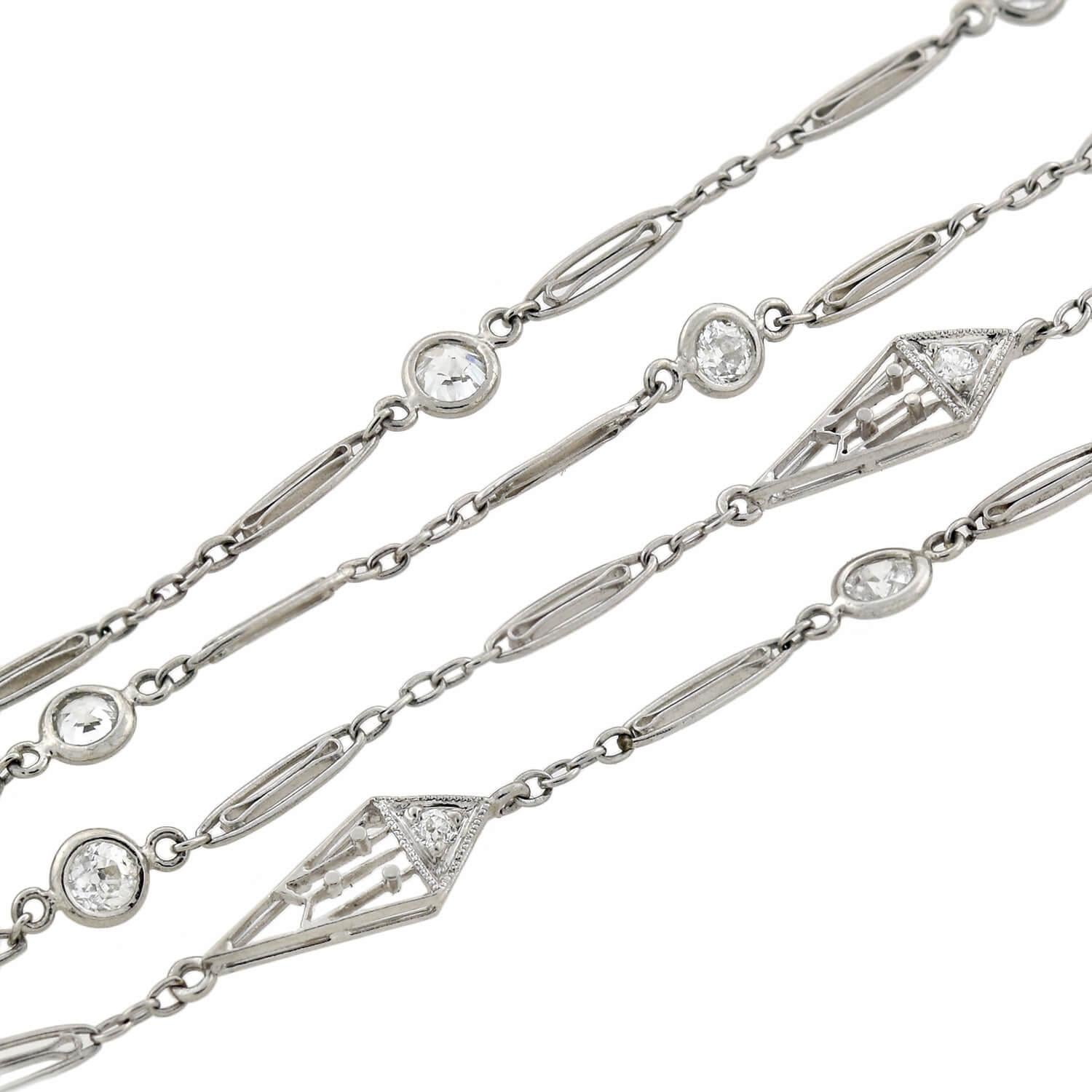 Old European Cut Edwardian Platinum Diamond Lorgnette Chain Necklace
