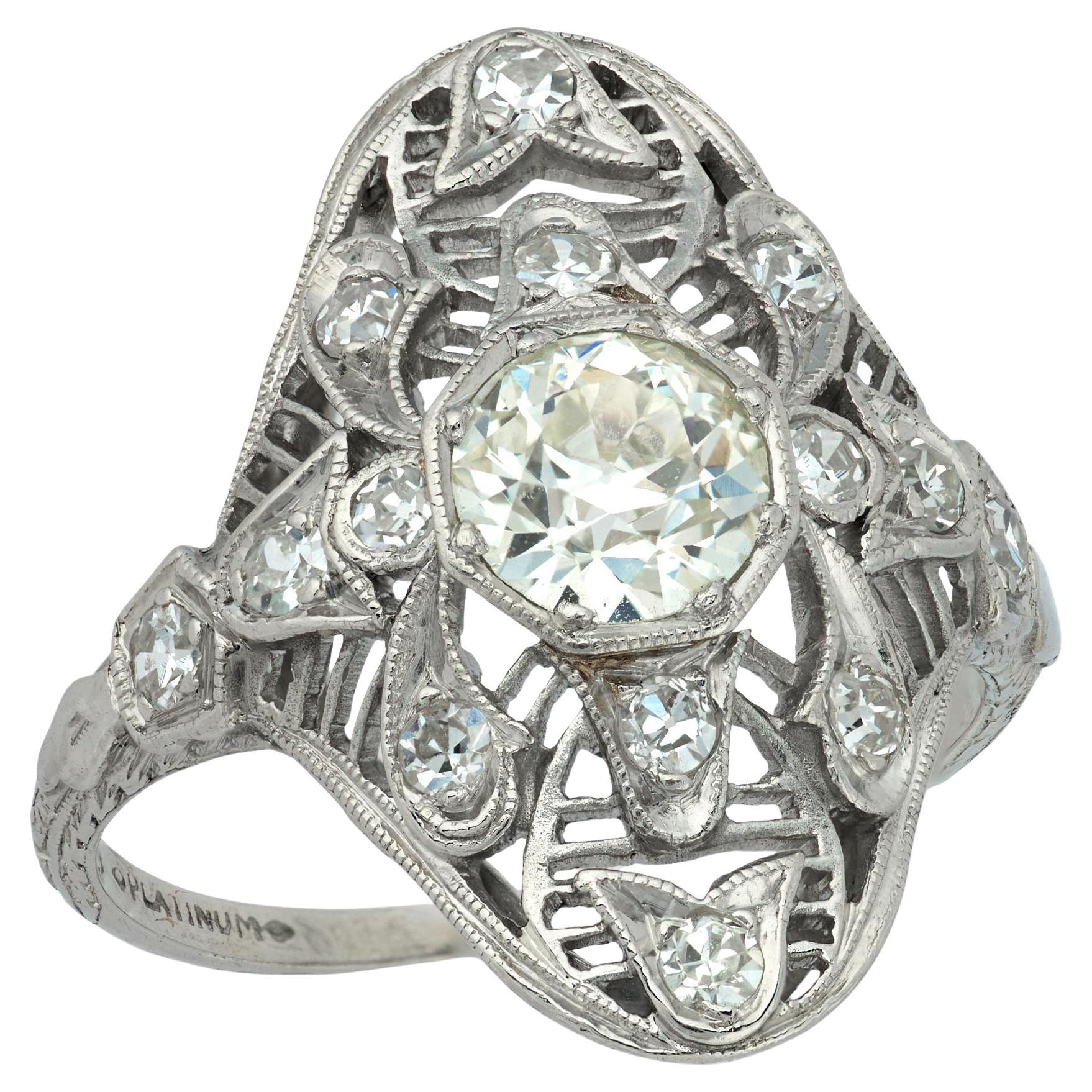 Edwardian Platinum Diamond Navette Ring For Sale